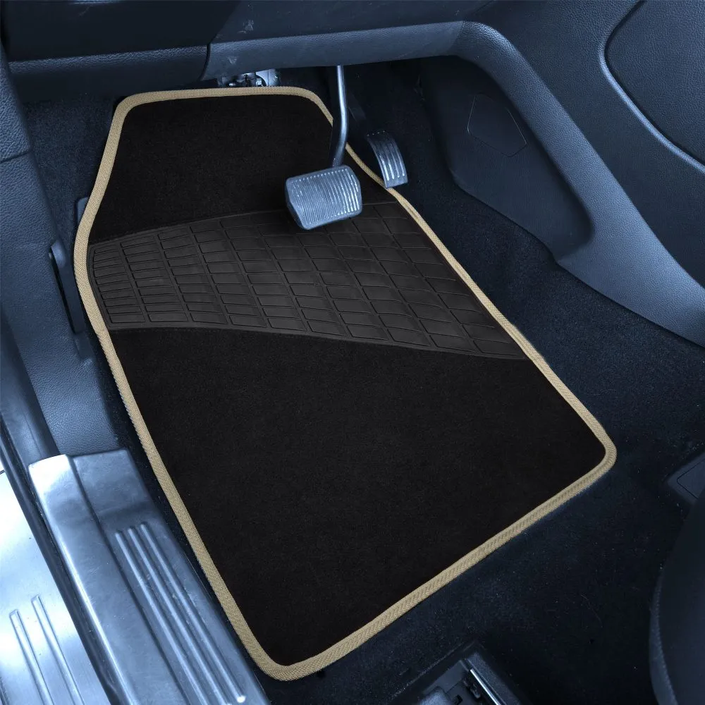 Color-Trimmed Non-Slip Carpet Floor Mats with Rubber Heel Pad - Full Set Beige