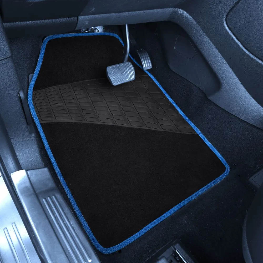 Color-Trimmed Non-Slip Carpet Floor Mats with Rubber Heel Pad - Full Set Blue