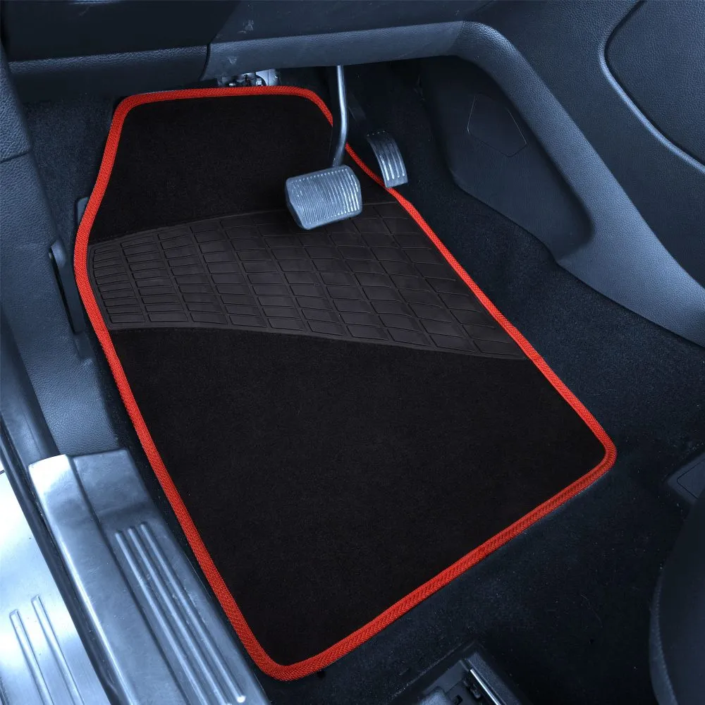 Color-Trimmed Non-Slip Carpet Floor Mats with Rubber Heel Pad - Full Set Red