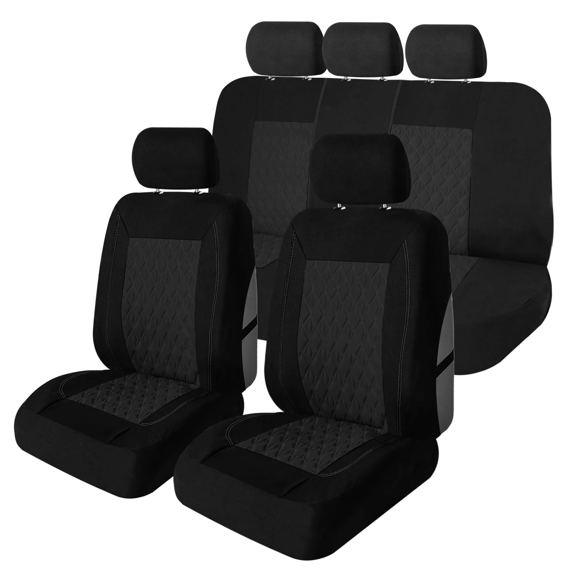 Diamond Stitched Flat Cloth Car Seat Covers Full Set - Black