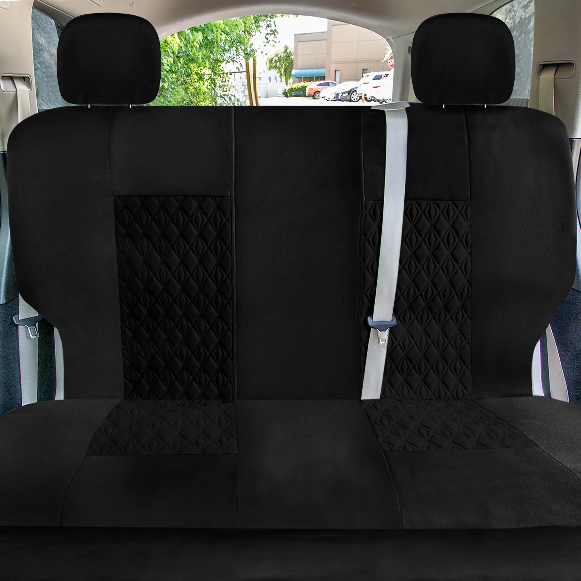 Diamond Stitched Flat Cloth Car Seat Covers Full Set - Black