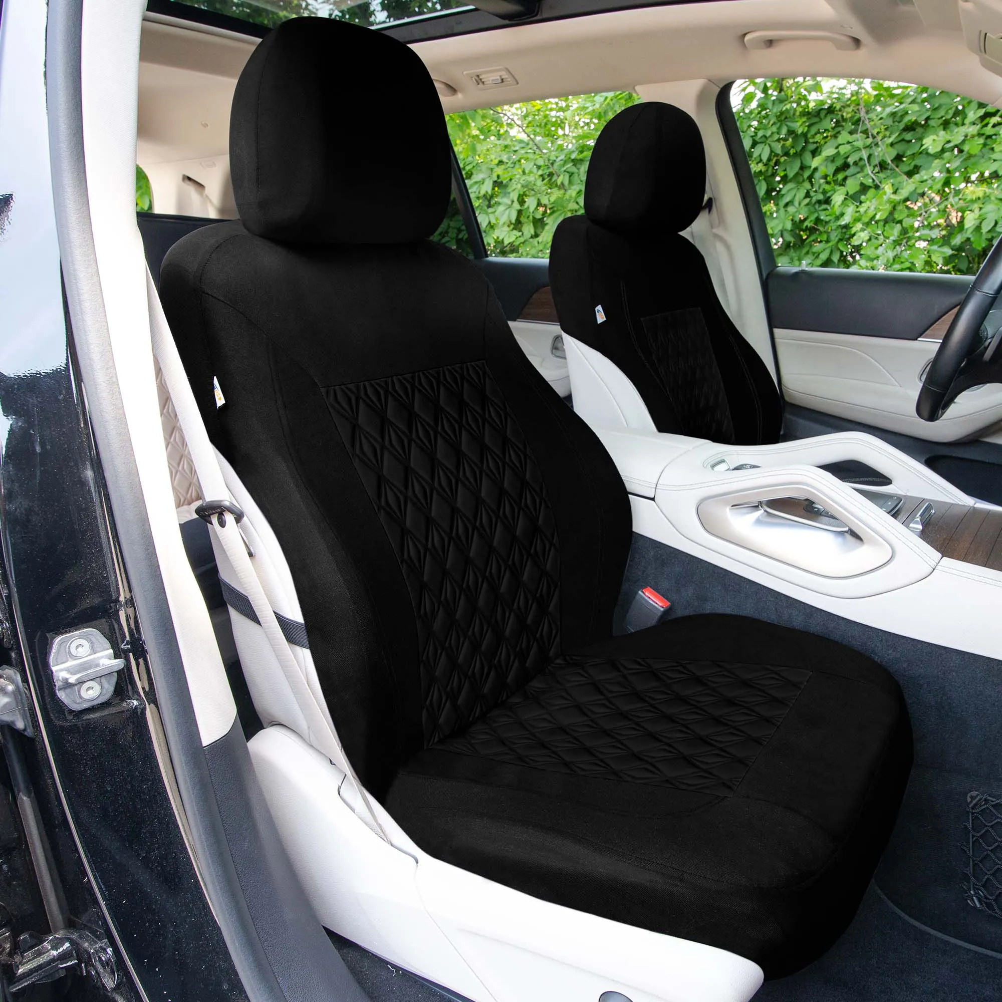 Diamond Stitched Flat Cloth Car Seat Covers Full Set - Black