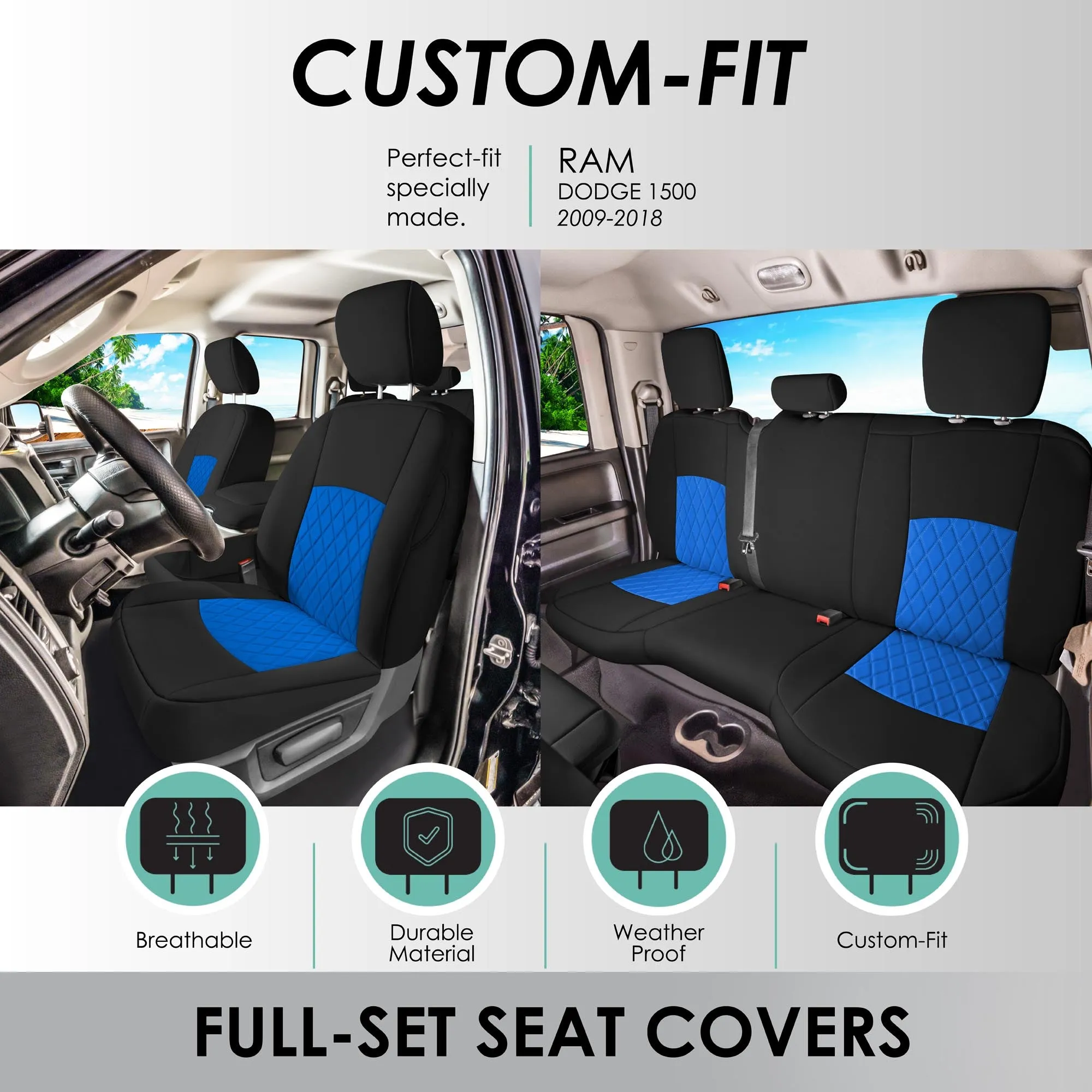 Dodge Ram 1500 2011-2018 & Ram 1500 Classic 2019-2025 Quad Cab - Full Set Seat Covers - Blue Ultraflex Neoprene