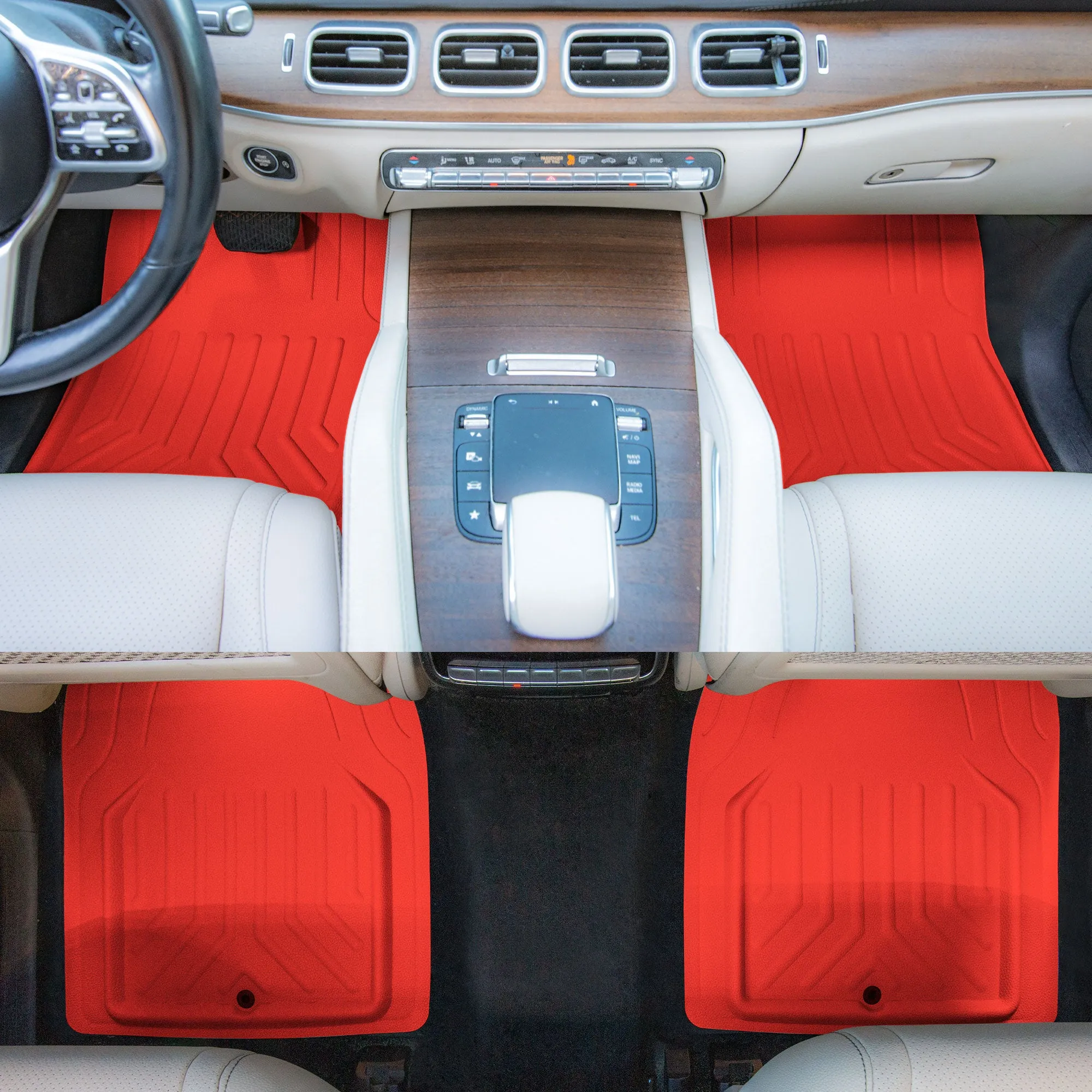 Faux Leather Deep Tray Floor Mats Full Set - Red