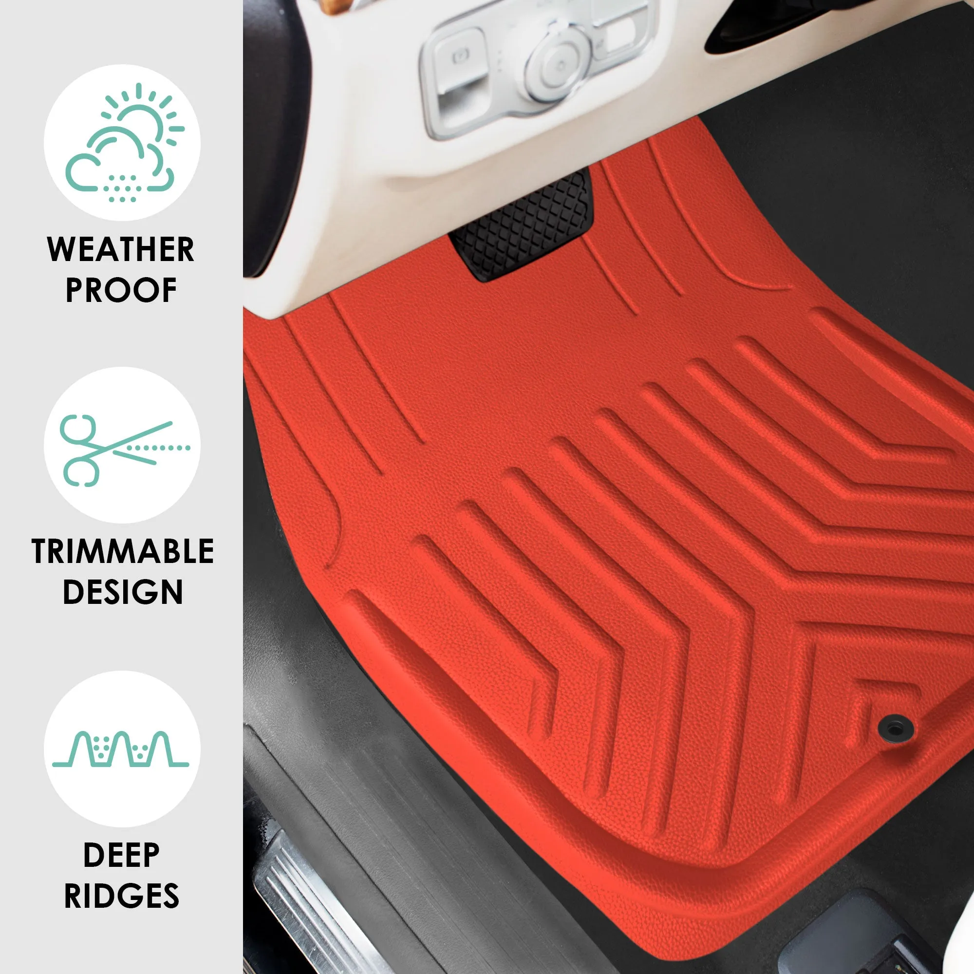 Faux Leather Deep Tray Floor Mats Full Set - Red