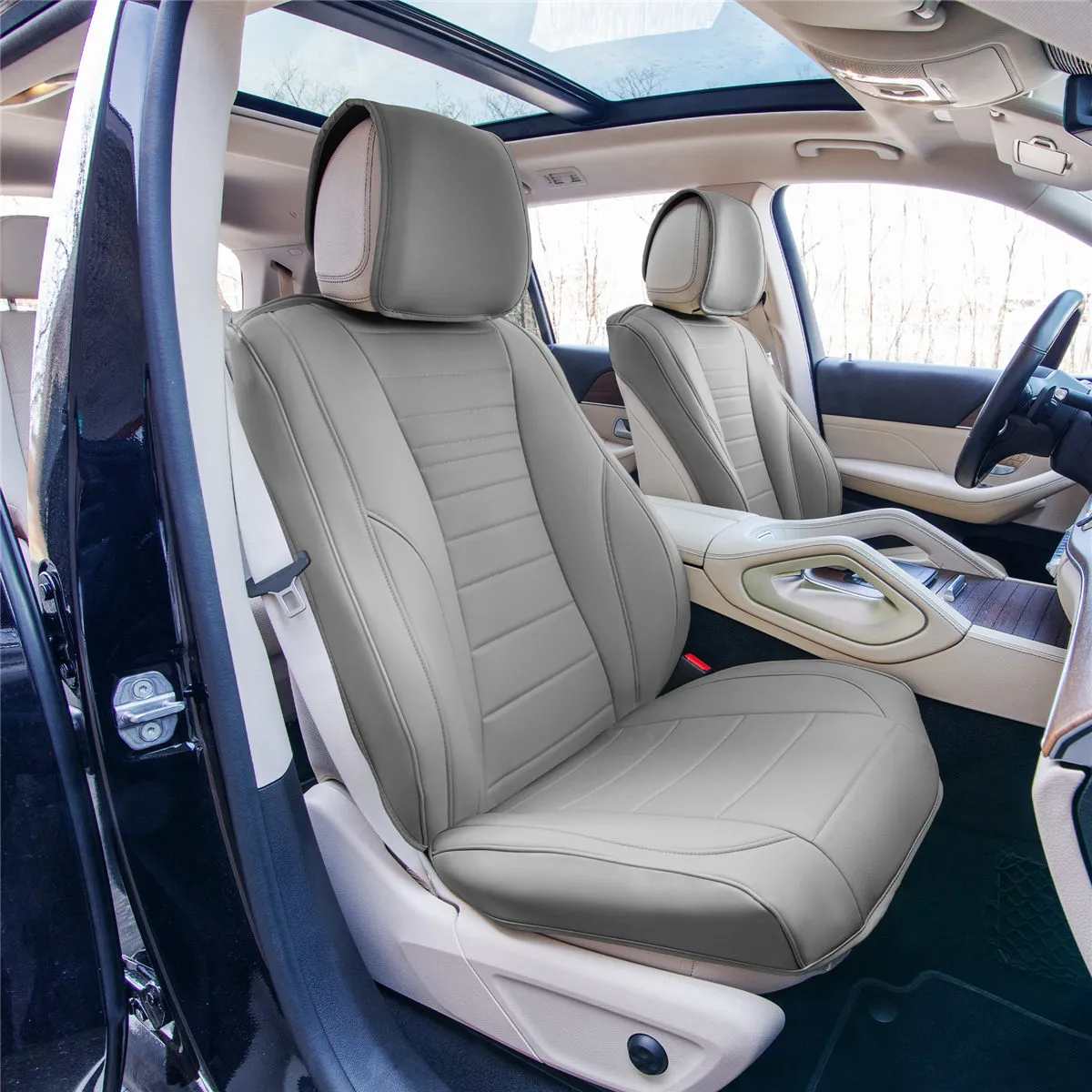 Grande70 Luxe Faux Leather Car Seat Covers with Sleek Pattern - Front Set Gray