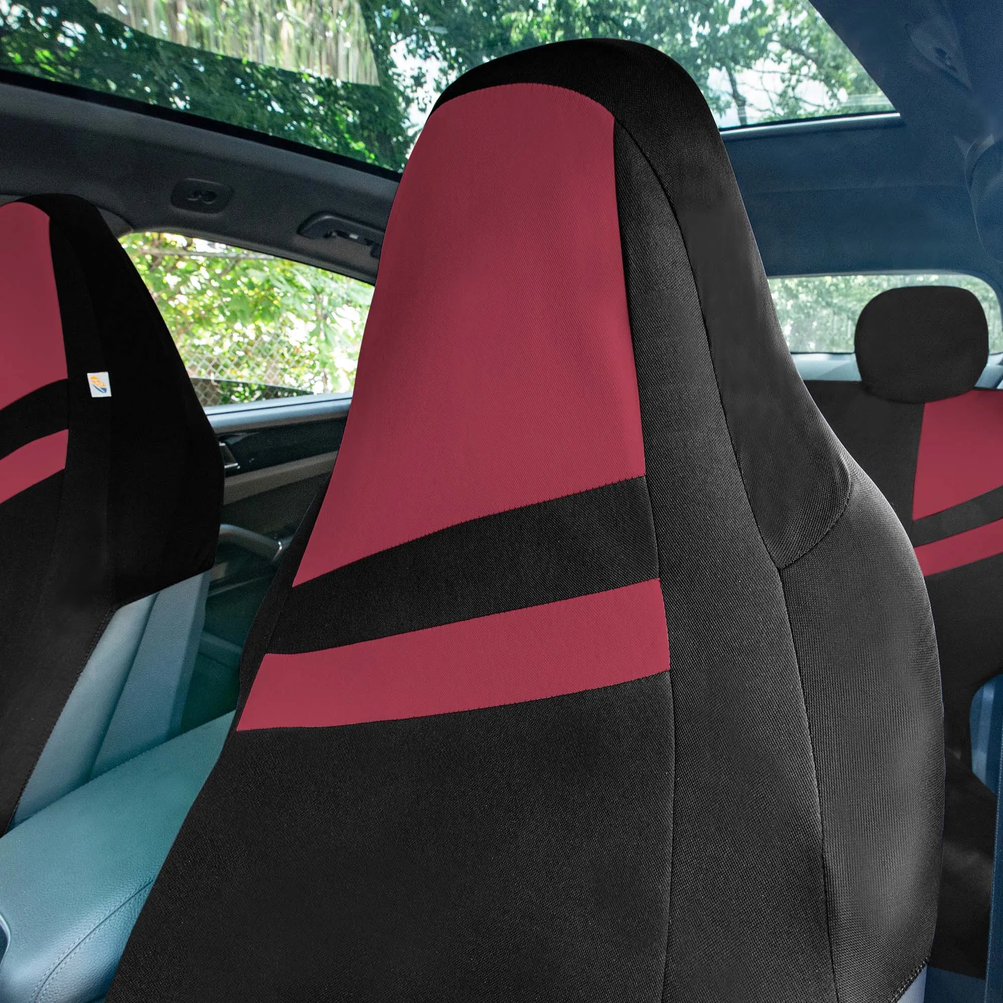 High Back Sporty Flat Cloth Seat Covers - Full Set - Burgundy