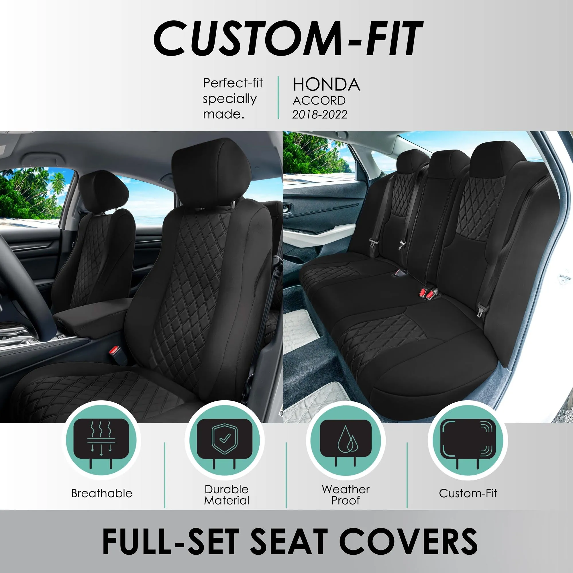 Honda Accord 2018 - 2022 LX | Sport Hybrid - Full Set Seat Covers - Black Ultraflex Neoprene