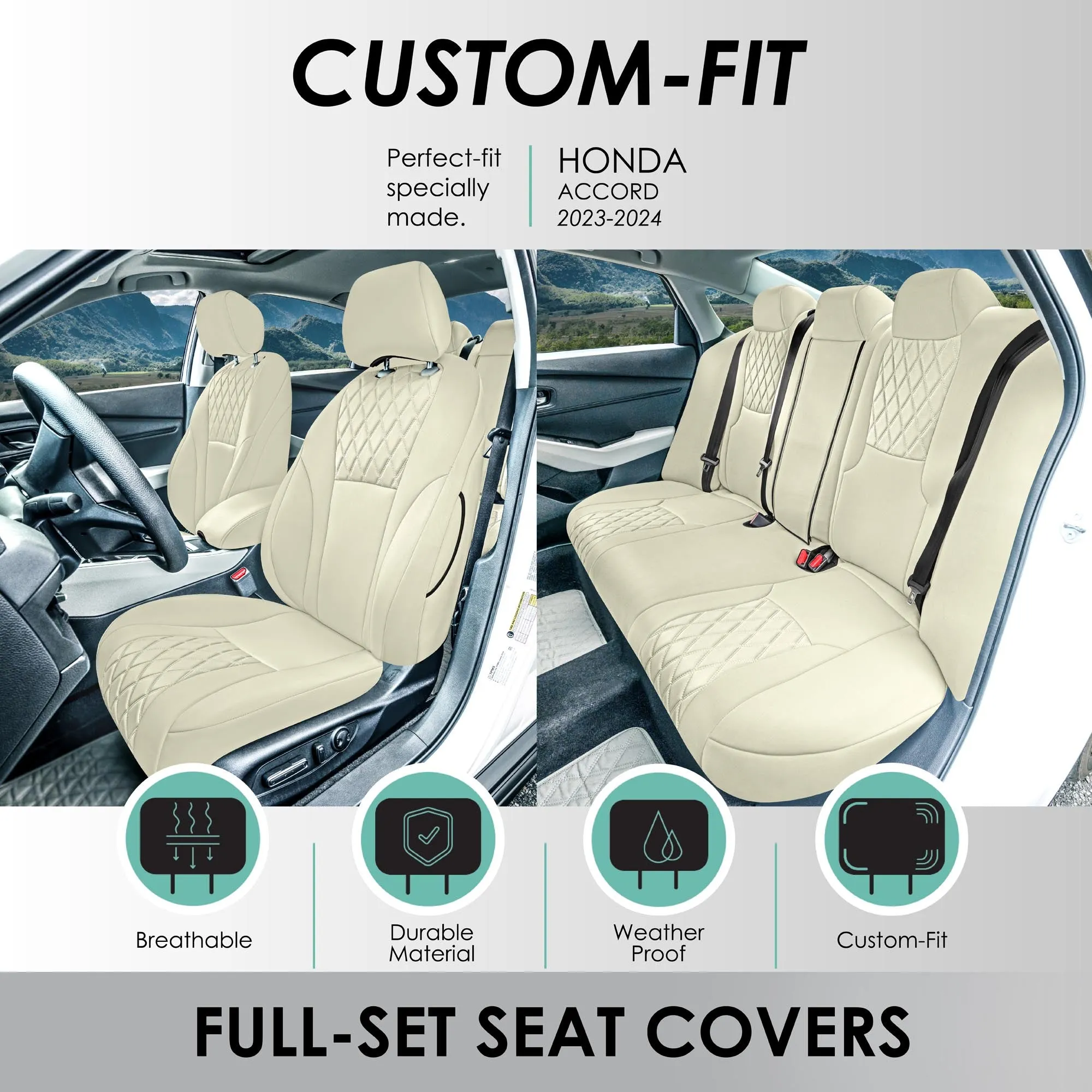 Honda Accord LX | Sport Hybrid 2023-2024 - Full Set Seat Covers (Solid Bench) - Solid Beige Ultraflex Neoprene