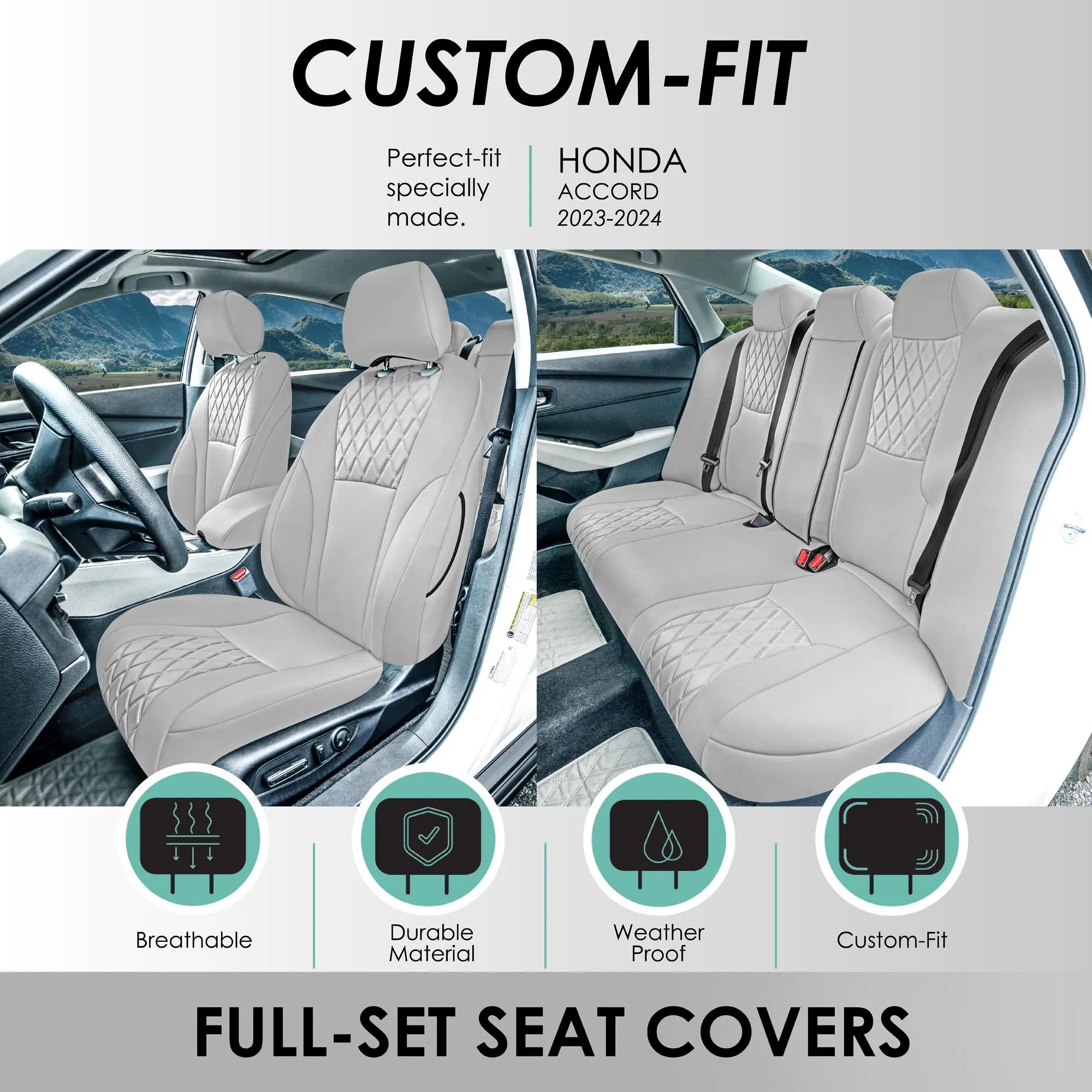 Honda Accord LX | Sport Hybrid 2023-2024 - Full Set Seat Covers (Solid Bench) - Solid Gray Ultraflex Neoprene