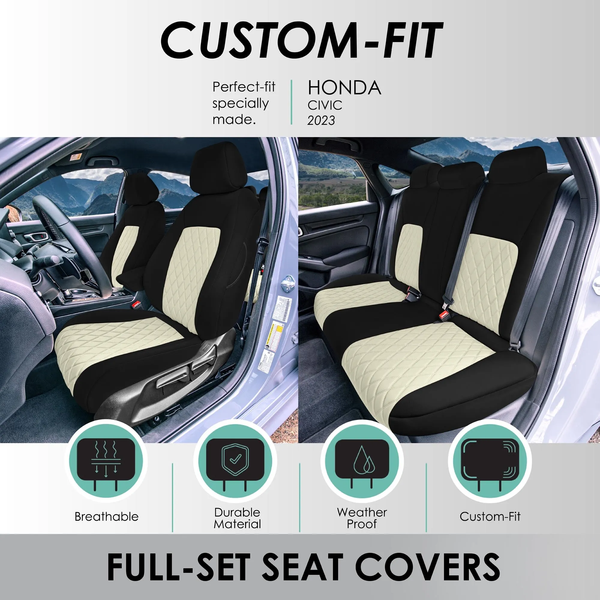 Honda Civic 2016 - 2025 Sedan Full Set Seat Covers (Split Rear) - Beige Ultraflex Neoprene