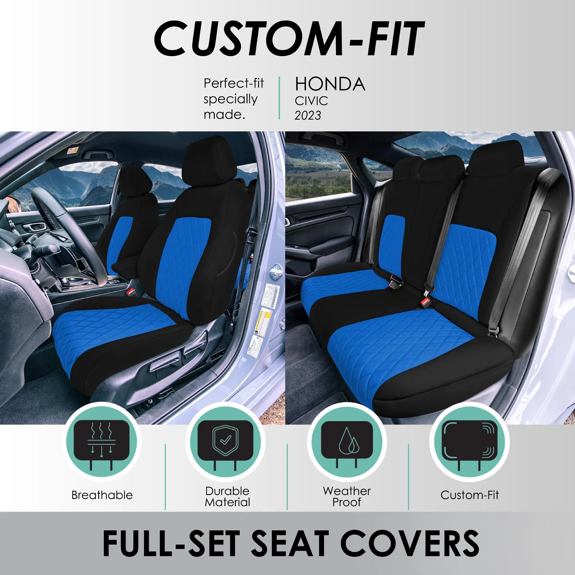 Honda Civic 2016 - 2025 Sedan Full Set Seat Covers (Split Rear) - Blue Ultraflex Neoprene