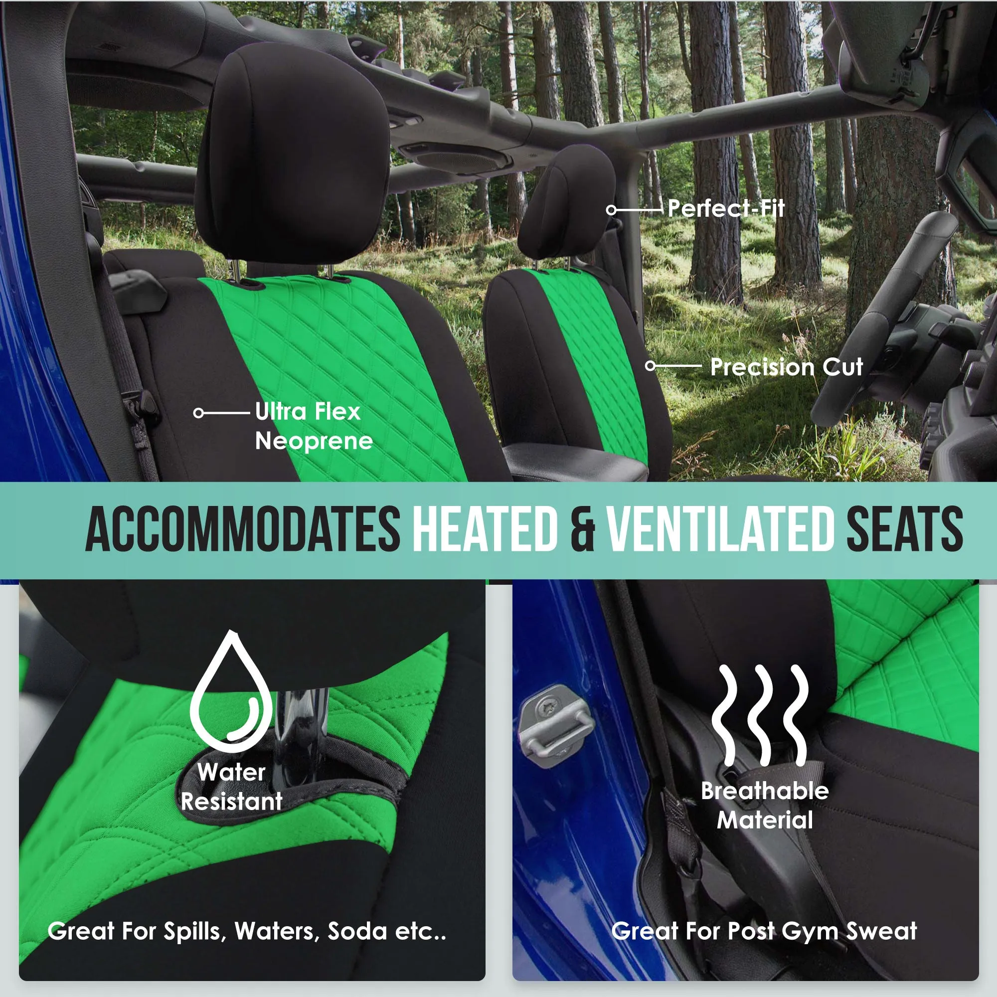 Jeep Wrangler JL 2-Door 2018-2024 -  Rear Set Seat Covers - Green Ultraflex Neoprene