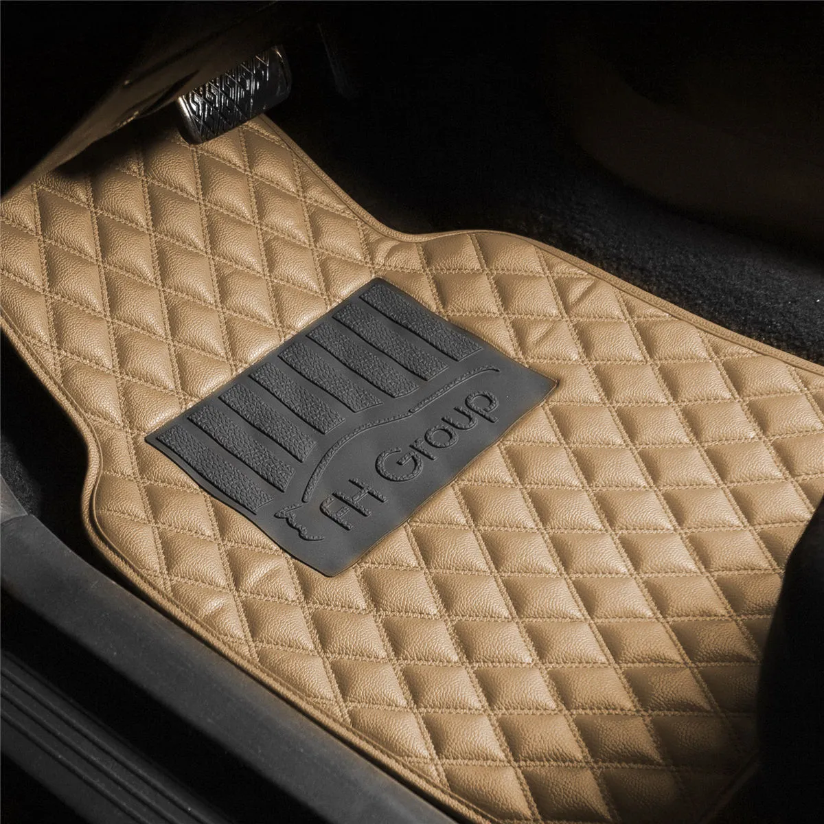 Luxury Universal Liners Heavy Duty Faux Leather Non-Slip Floor Mats Diamond Design - Full Set Beige