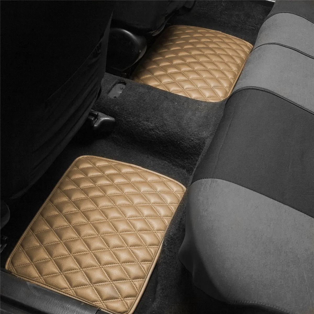 Luxury Universal Liners Heavy Duty Faux Leather Non-Slip Floor Mats Diamond Design - Full Set Beige