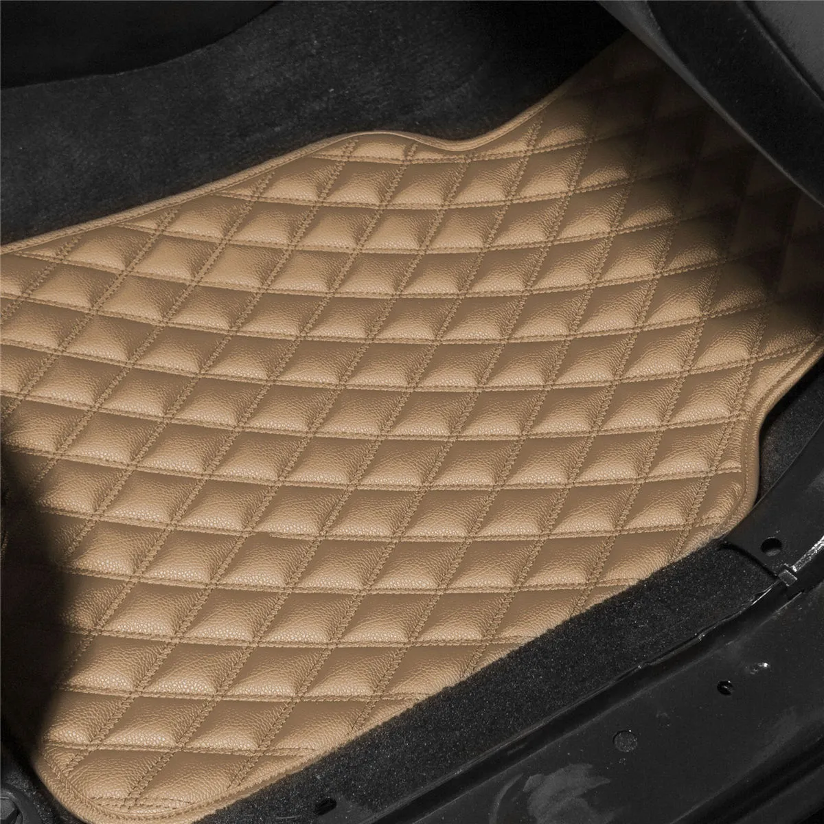 Luxury Universal Liners Heavy Duty Faux Leather Non-Slip Floor Mats Diamond Design - Full Set Beige