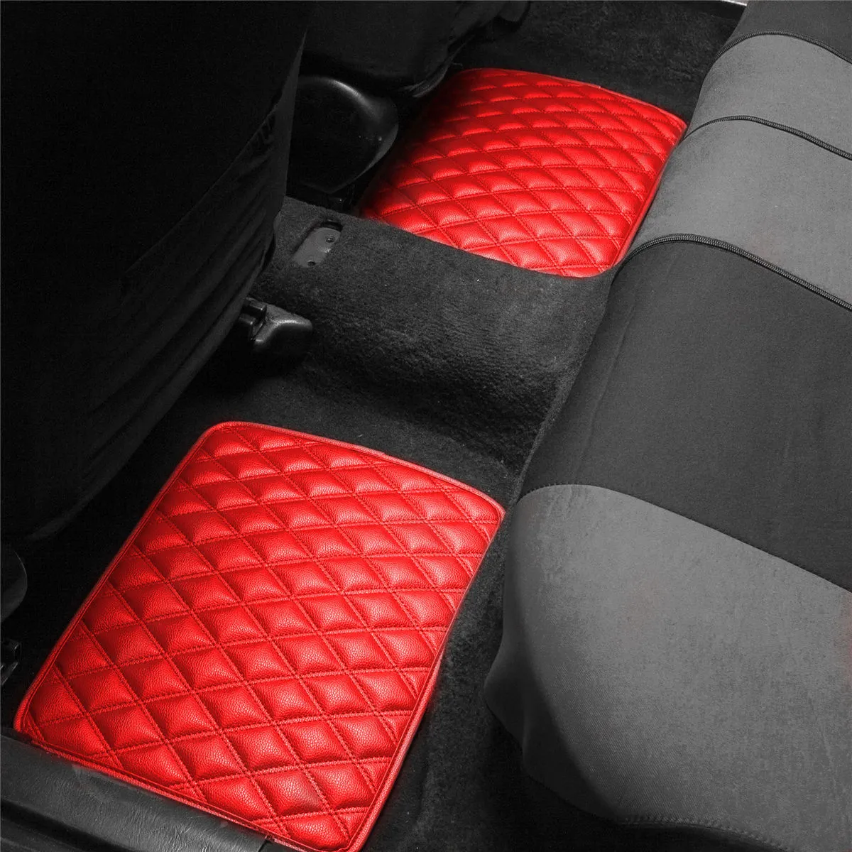 Luxury Universal Liners Heavy Duty Faux Leather Non-Slip Floor Mats Diamond Design - Full Set Red