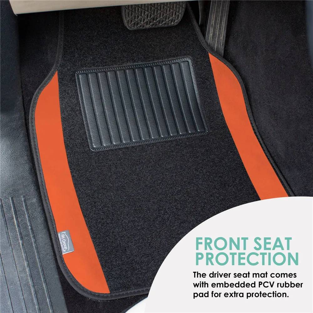 Non-Slip Carpet Floor Mats With Colored Trim - Full Set Orange