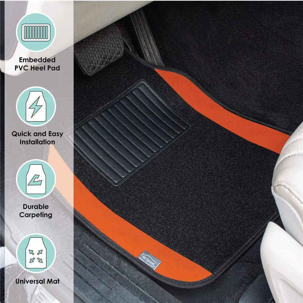 Non-Slip Carpet Floor Mats With Colored Trim - Full Set Orange