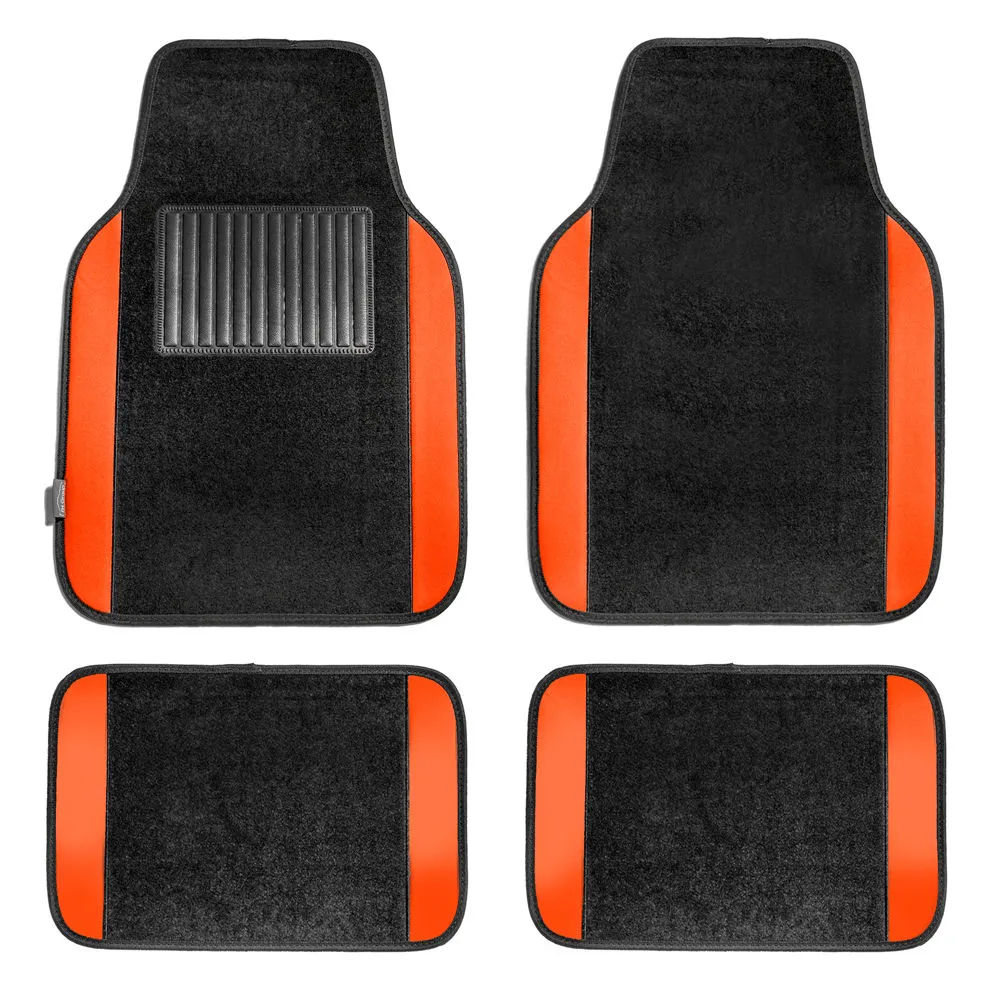 Non-Slip Carpet Floor Mats With Colored Trim - Full Set Orange