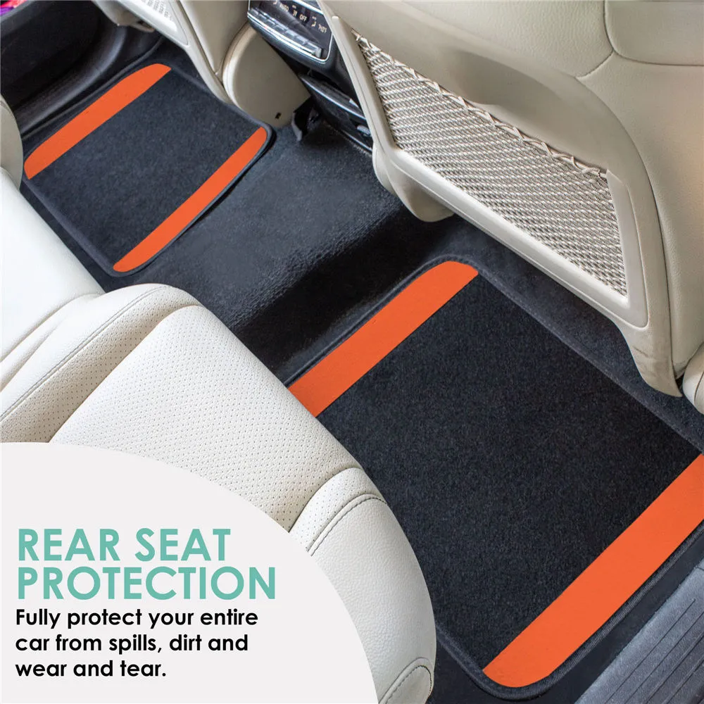Non-Slip Carpet Floor Mats With Colored Trim - Full Set Orange