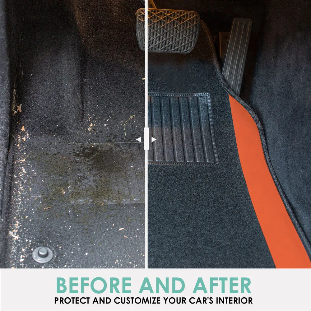 Non-Slip Carpet Floor Mats With Colored Trim - Full Set Orange