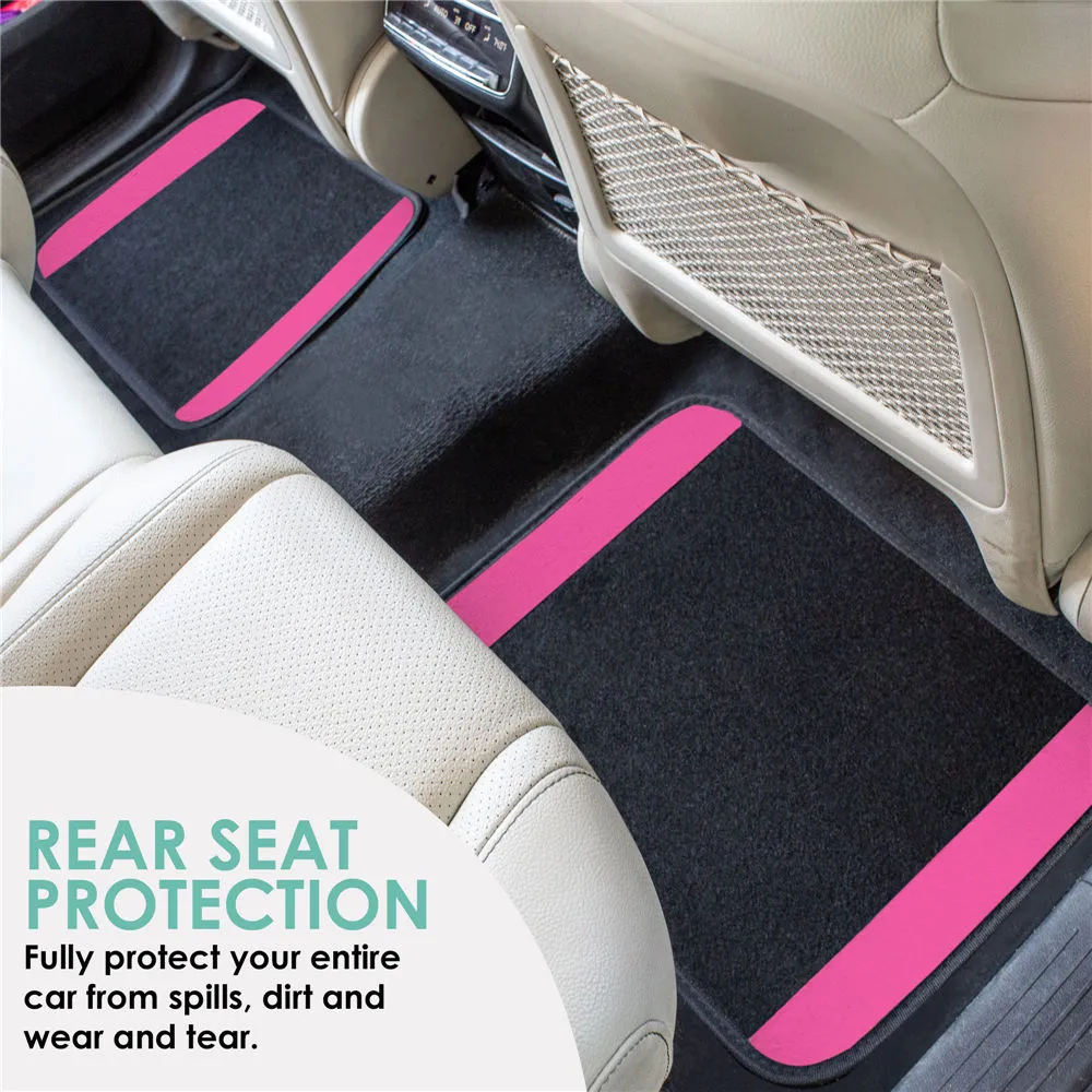 Non-Slip Carpet Floor Mats With Colored Trim - Full Set Pink