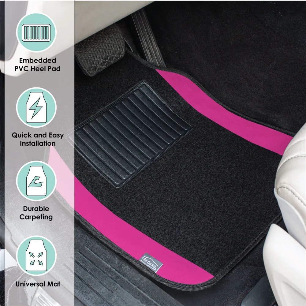 Non-Slip Carpet Floor Mats With Colored Trim - Full Set Pink