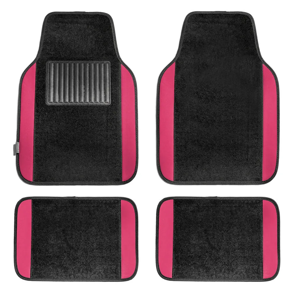 Non-Slip Carpet Floor Mats With Colored Trim - Full Set Pink