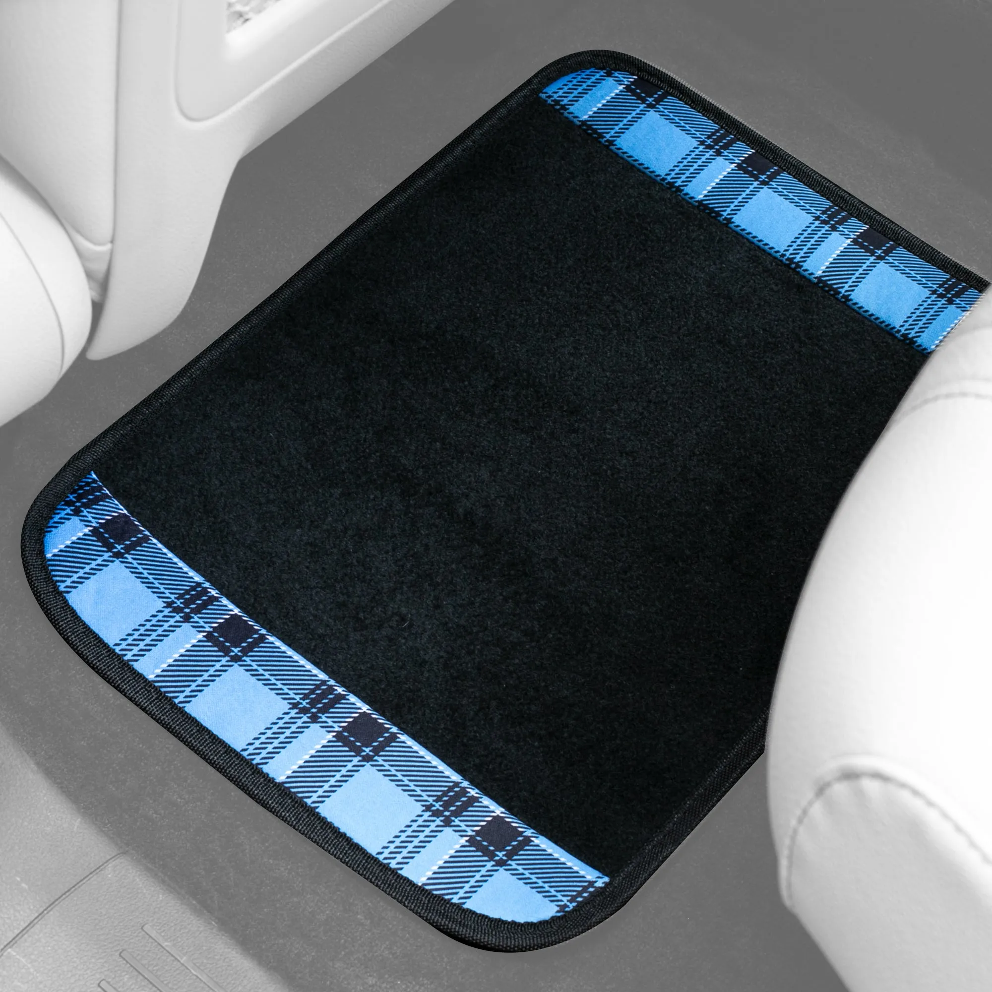 Tartan11 Plaid Trim Non-Slip Carpet Floor Mats - Full Set Blue