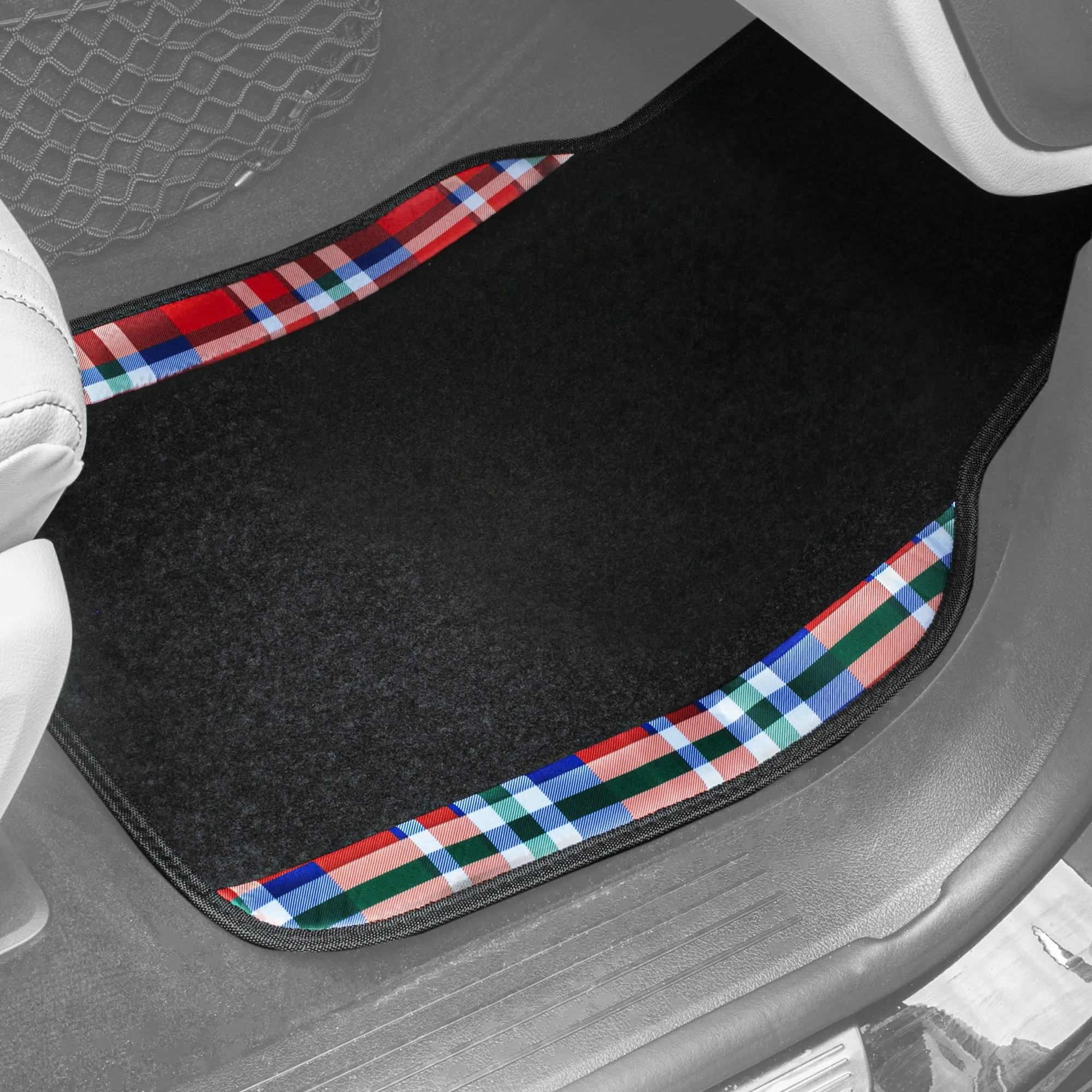 Tartan11 Plaid Trim Non-Slip Carpet Floor Mats - Full Set Red