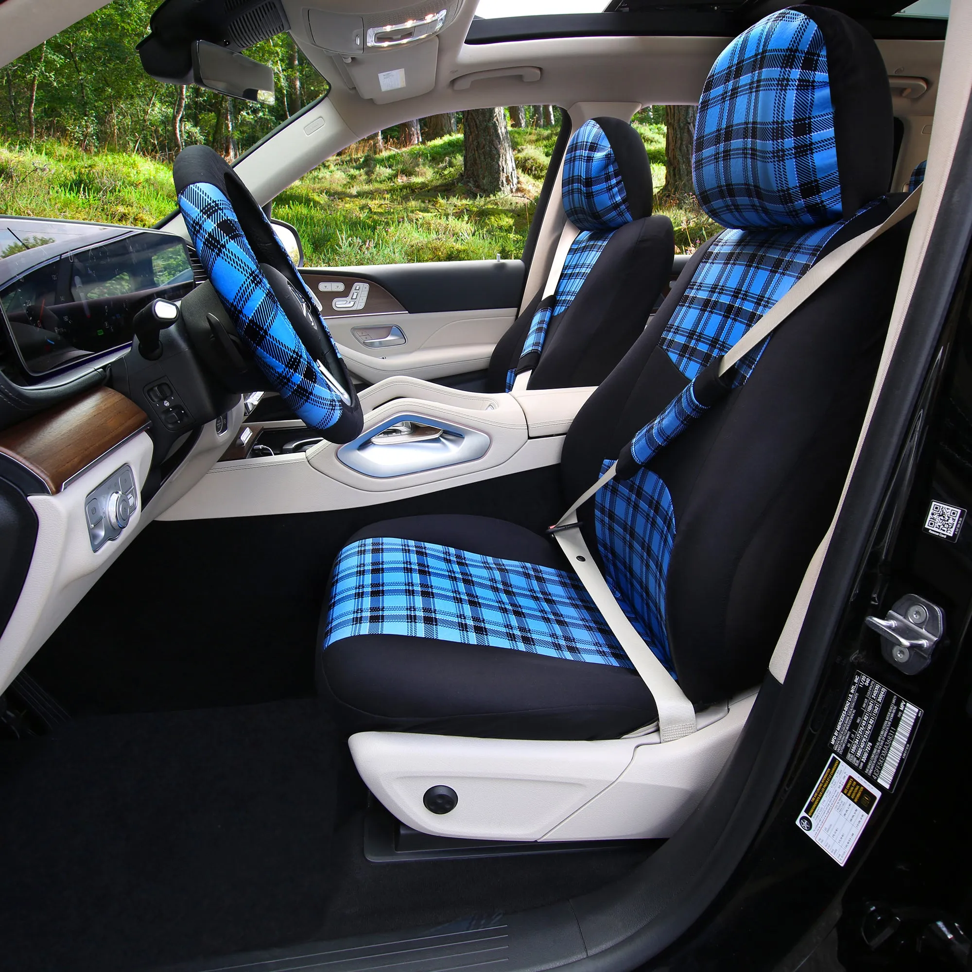 Tartan57 Plaid Print Seat Covers and Matching Floor Mats - Blue Combo Set