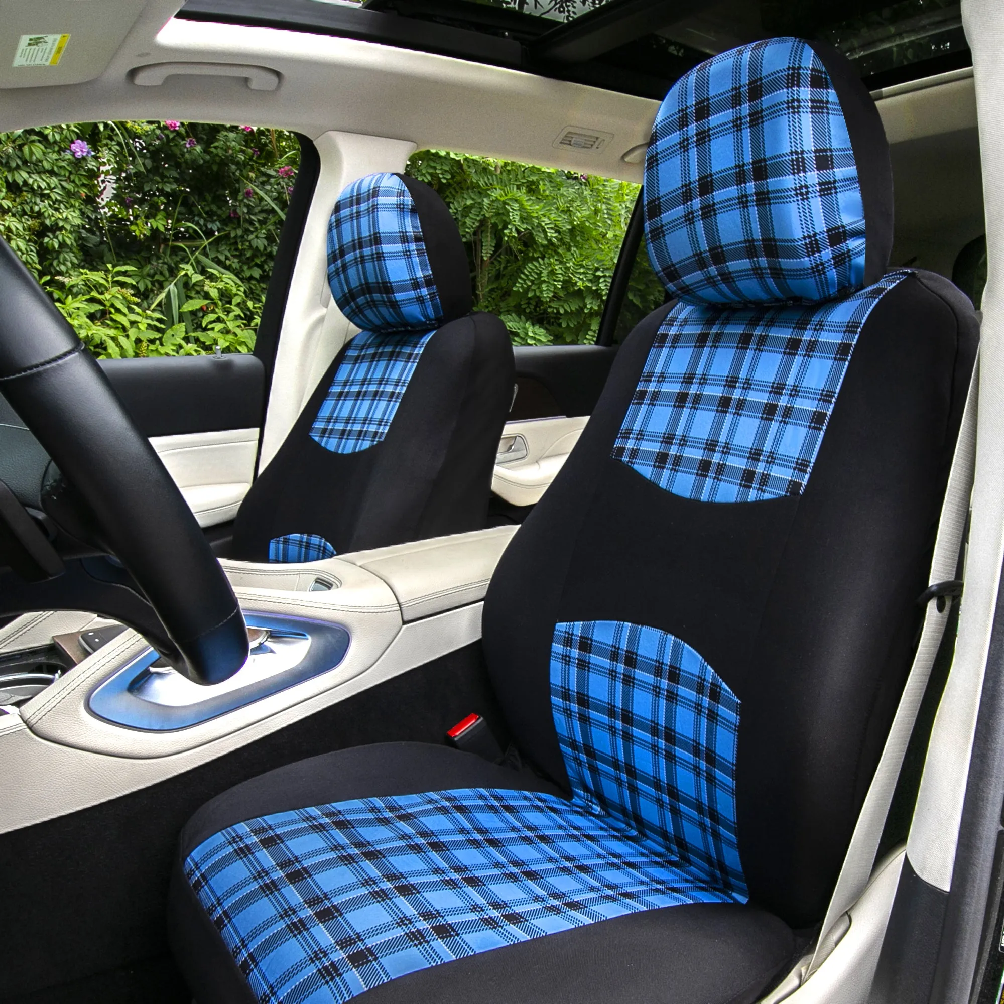 Tartan57 Plaid Print Seat Covers and Matching Floor Mats - Blue Combo Set
