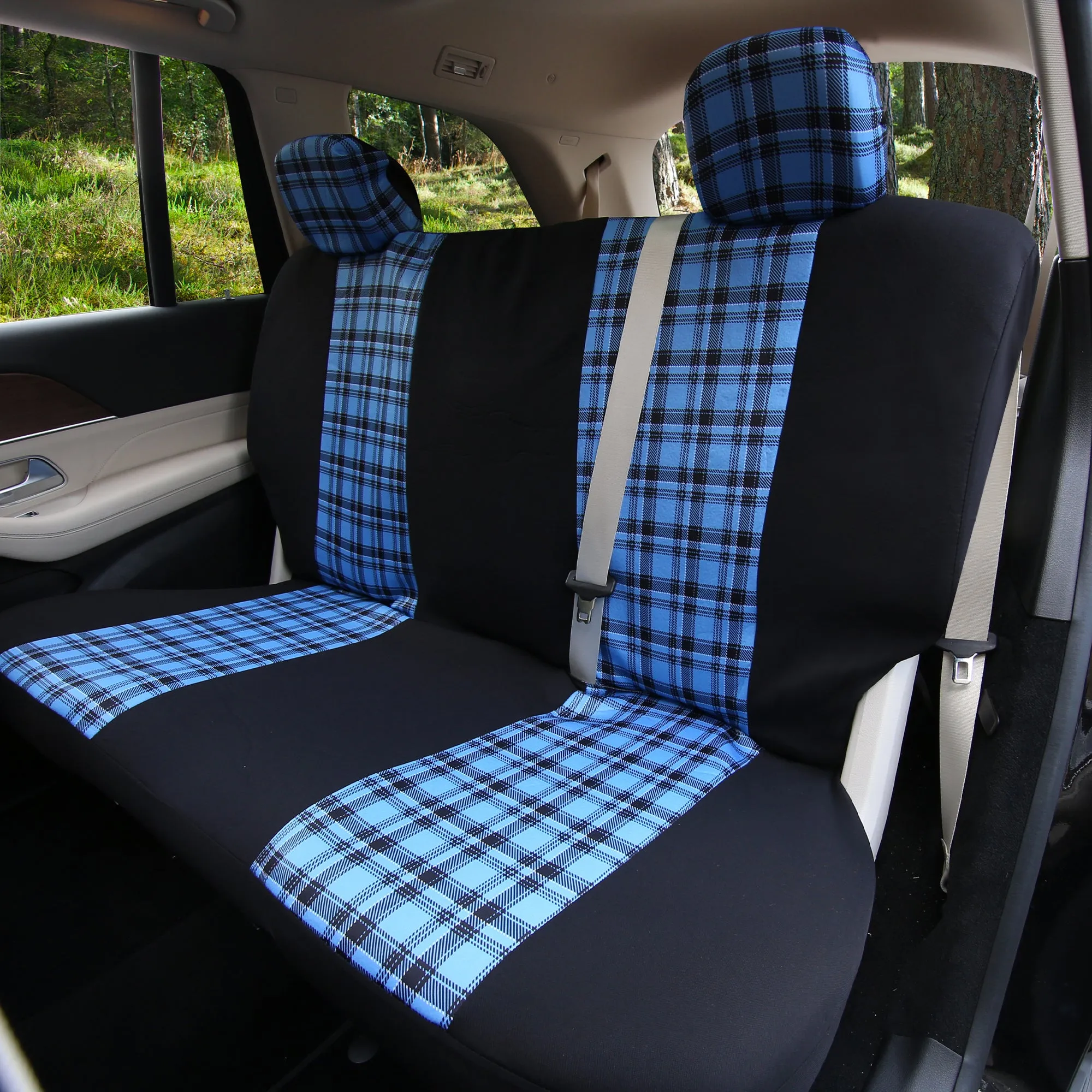 Tartan57 Plaid Print Seat Covers and Matching Floor Mats - Blue Combo Set