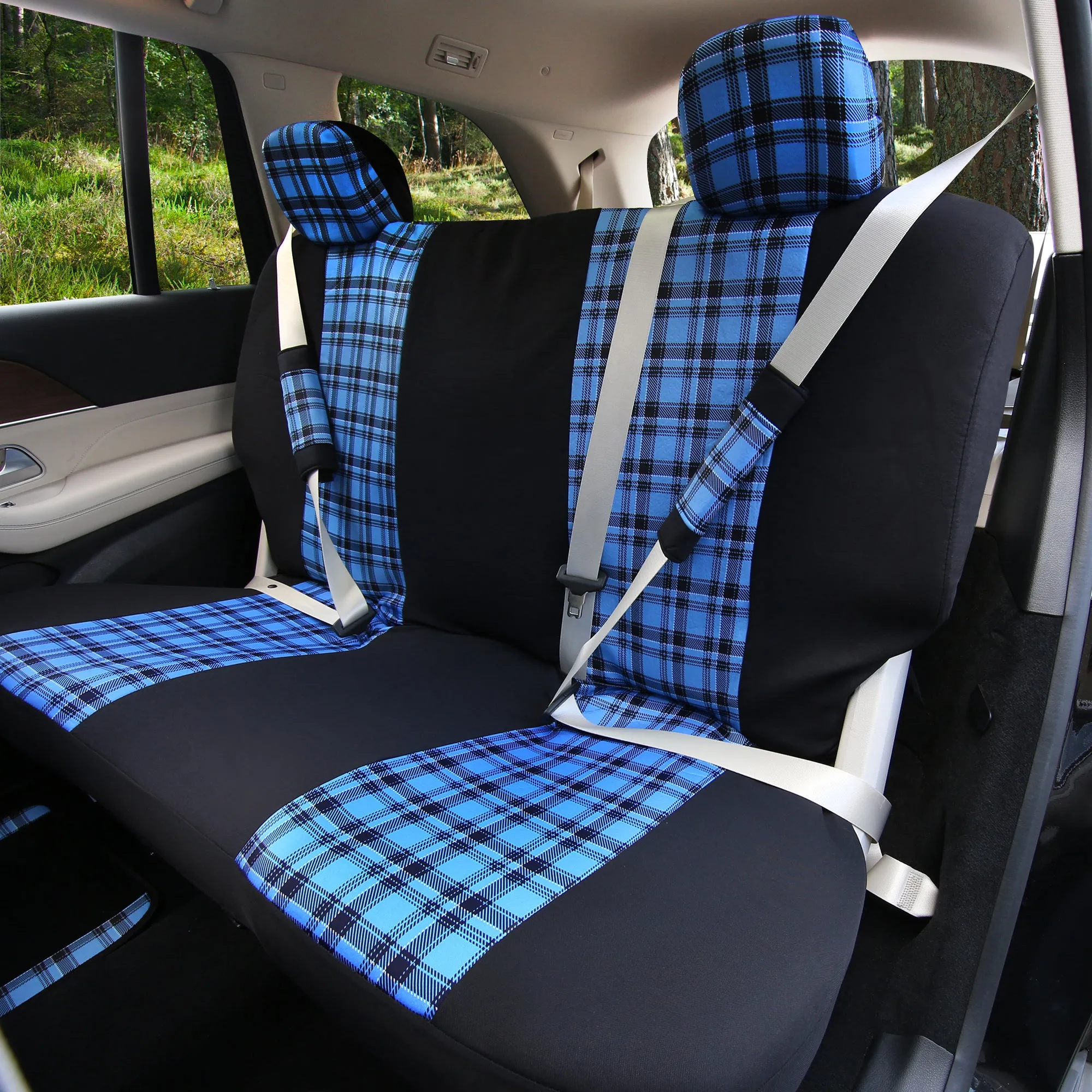 Tartan57 Plaid Print Seat Covers and Matching Floor Mats - Blue Combo Set