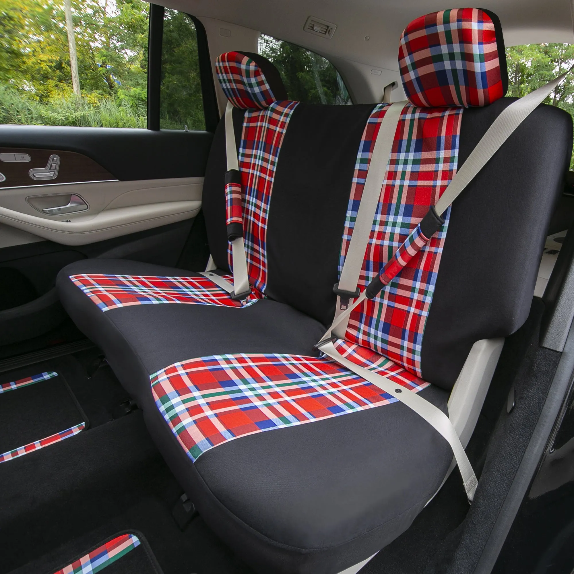 Tartan57 Plaid Print Seat Covers and Matching Floor Mats - Red Combo Set
