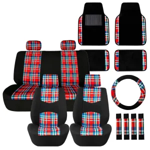 Tartan57 Plaid Print Seat Covers and Matching Floor Mats - Red Combo Set