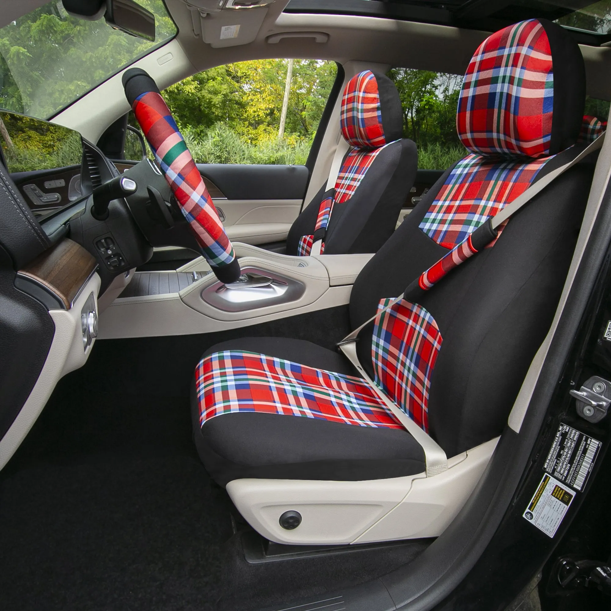 Tartan57 Plaid Print Seat Covers and Matching Floor Mats - Red Combo Set