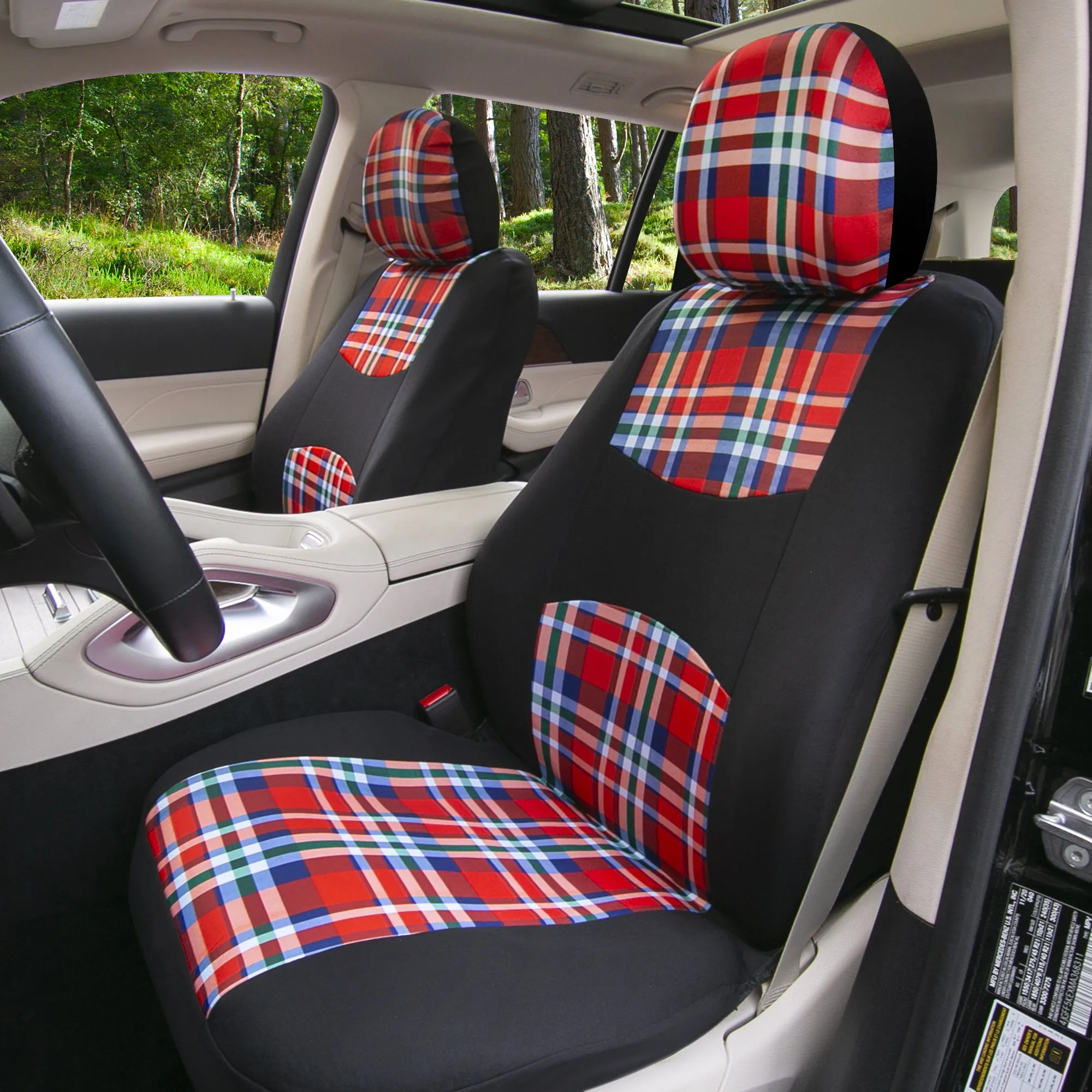 Tartan57 Plaid Print Seat Covers and Matching Floor Mats - Red Combo Set