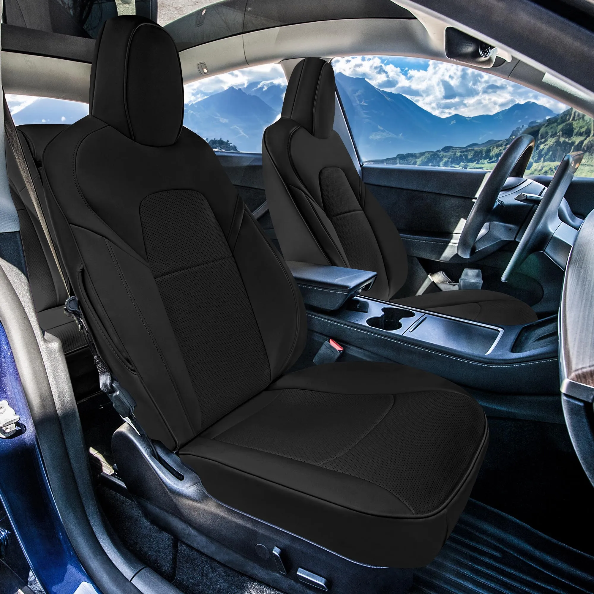 Tesla Model 3 2017 - 2023  - Front Set - Black Faux Leather