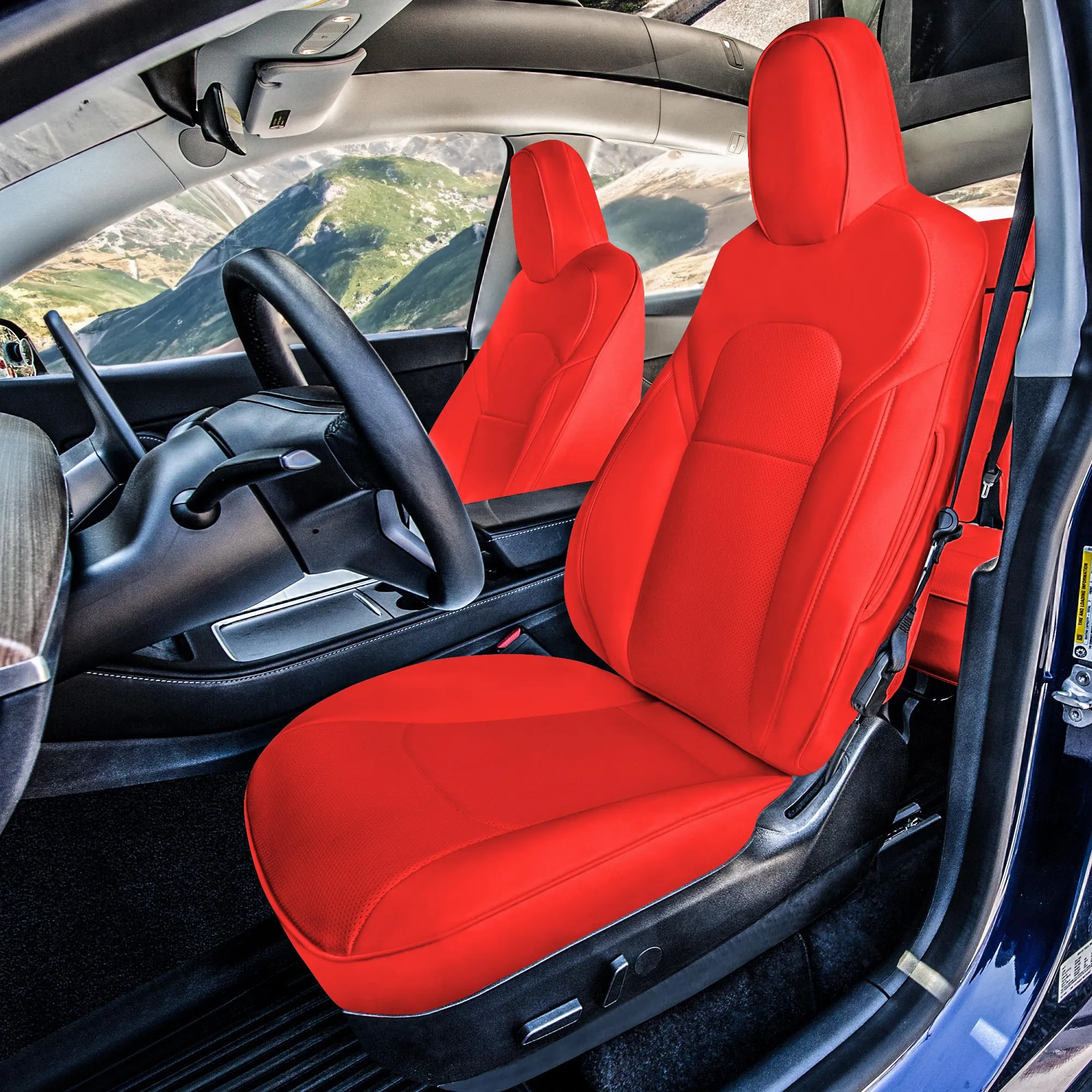 Tesla Model Y 2020 - 2024 - Full Set Seat Covers - Solid Red Faux Leather