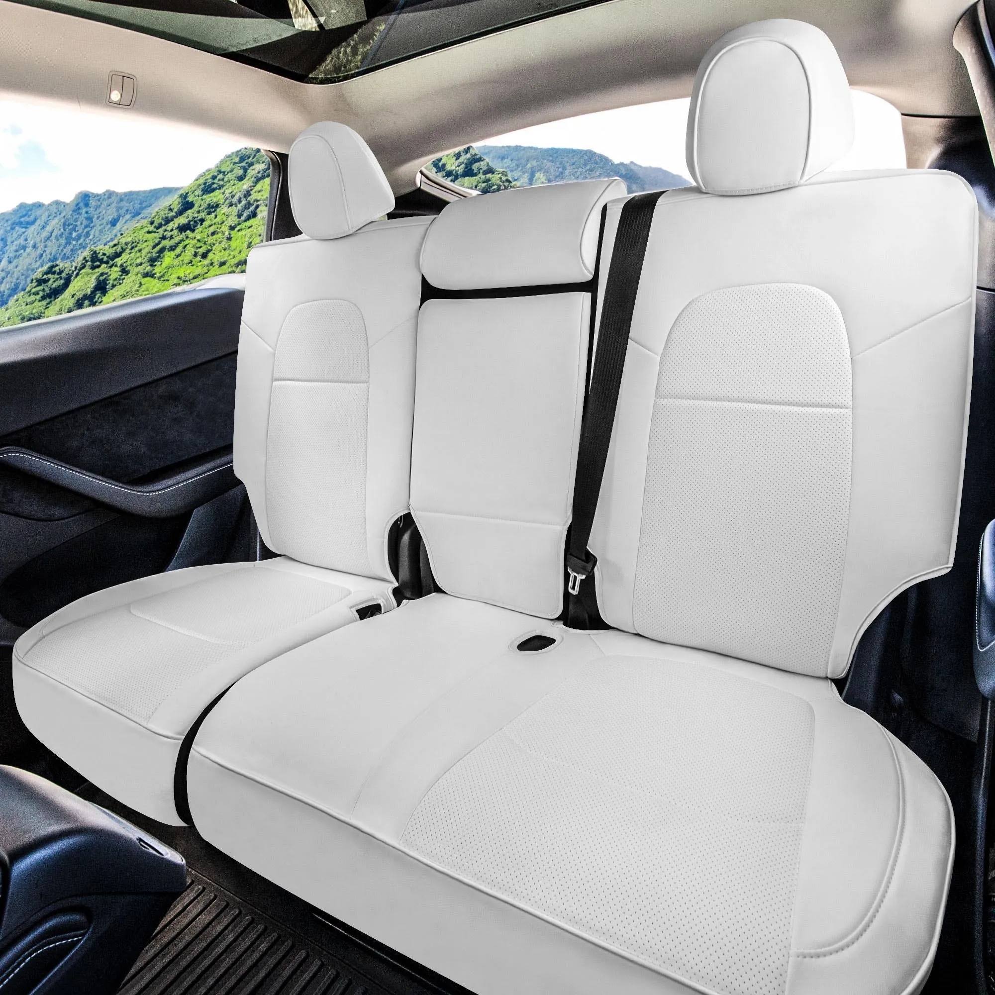 Tesla Model Y 2020 - 2024 - Full Set Seat Covers - Solid White Faux Leather