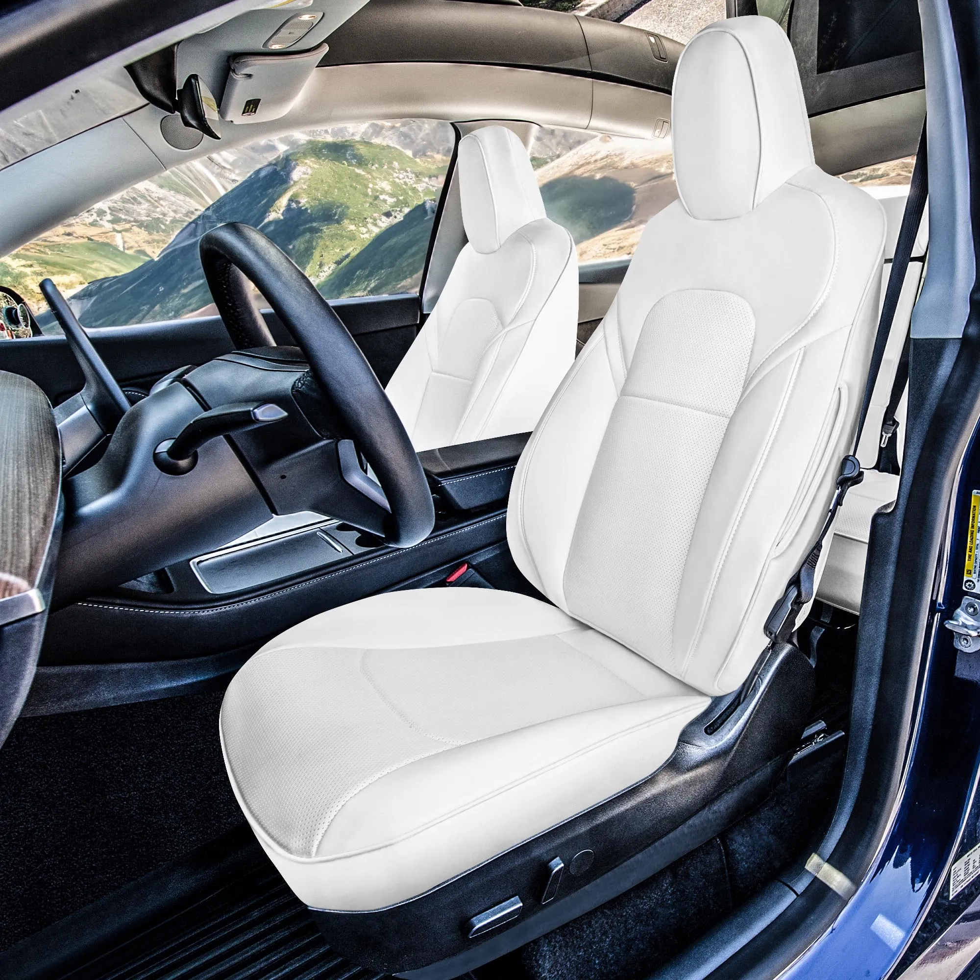 Tesla Model Y 2020 - 2024 - Full Set Seat Covers - Solid White Faux Leather