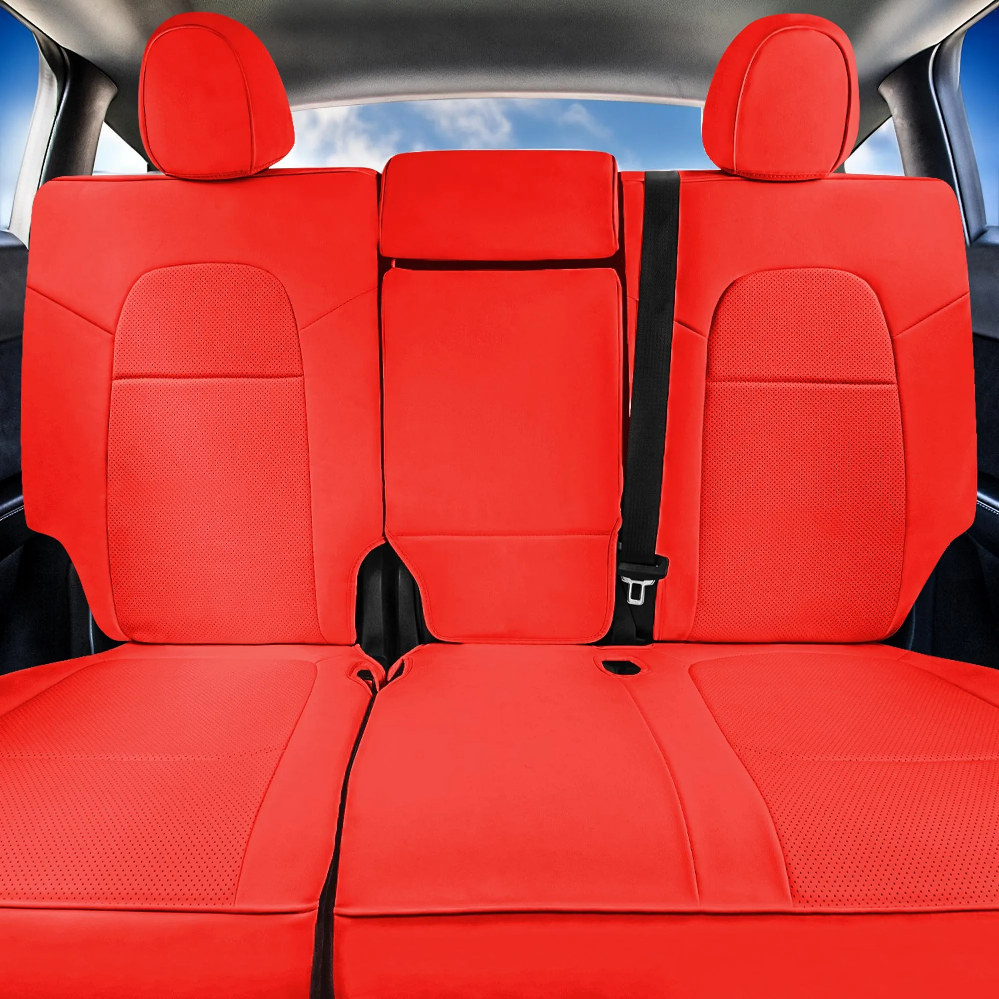 Tesla Model Y 2020 - 2024 - Rear Set Seat Covers - Solid Red Faux Leather
