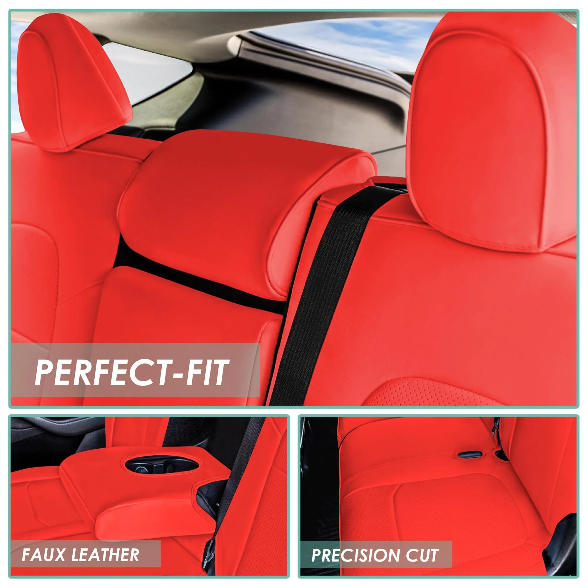 Tesla Model Y 2020 - 2024 - Rear Set Seat Covers - Solid Red Faux Leather