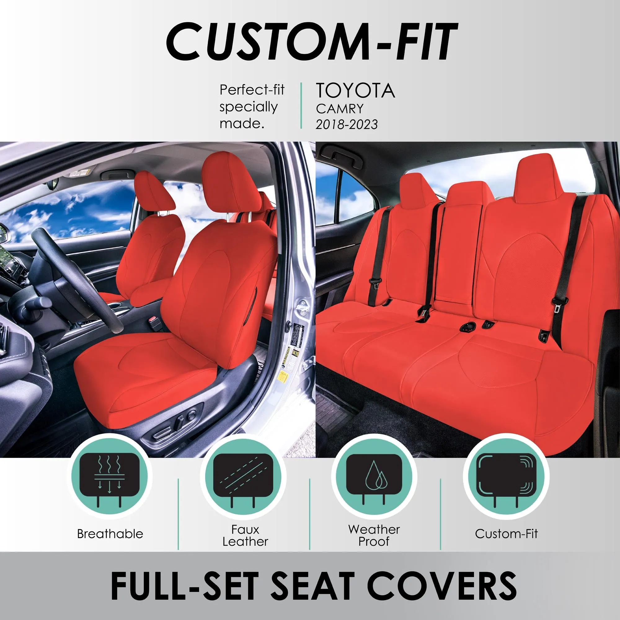 Toyota Camry 2018 - 2024 L | LE | SE | XLE | XSE - Full Set Seat Covers - Solid Red Faux Leather
