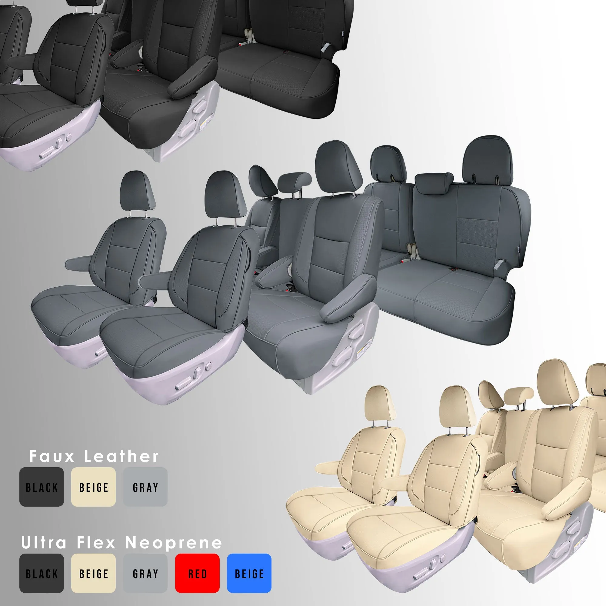 Toyota Sienna 8 Passenger 2011 - 2020 - Full Set Seat Covers - Solid Gray Faux Leather