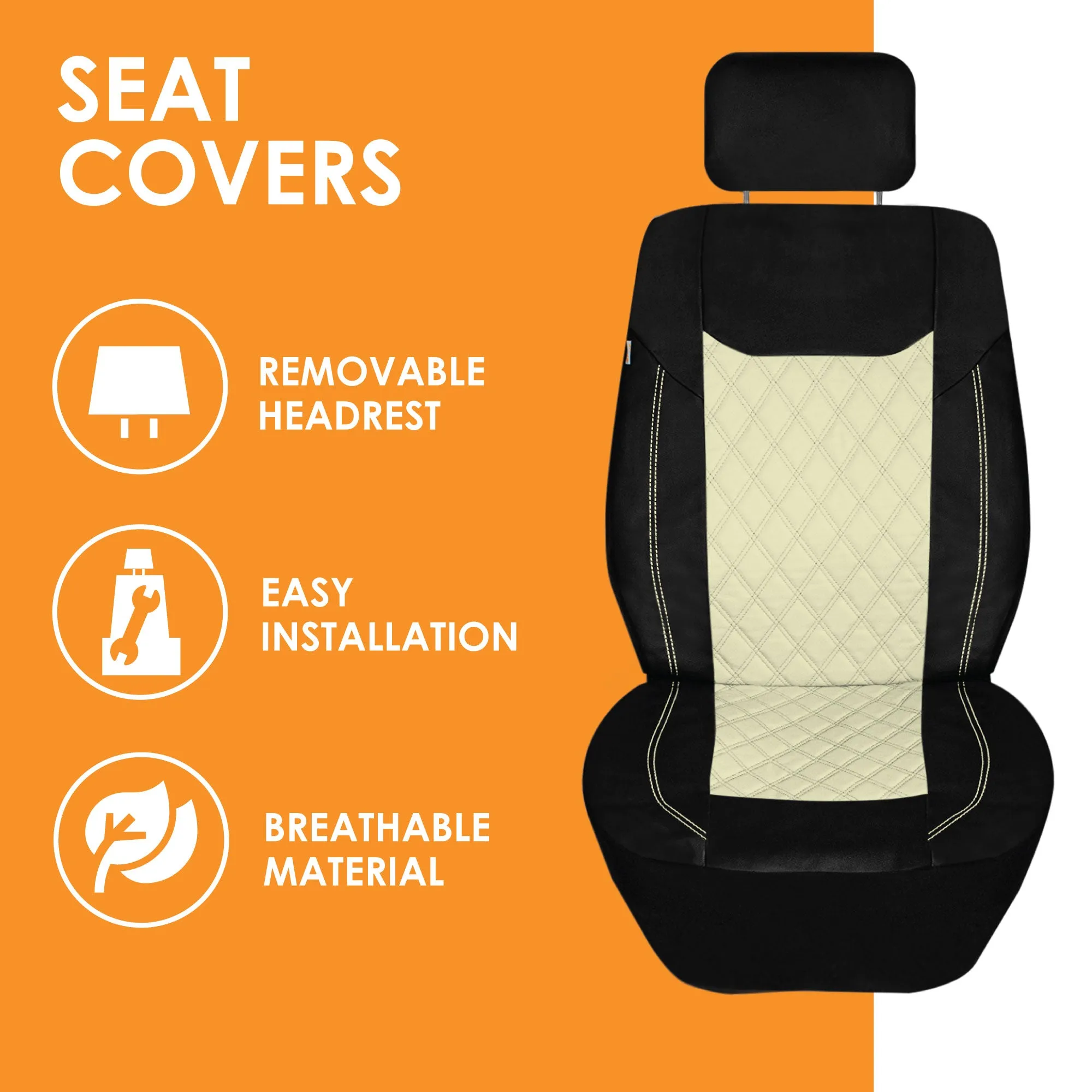 Ultra Modern Quilted Leatherette Seat Covers Full Set - Beige.