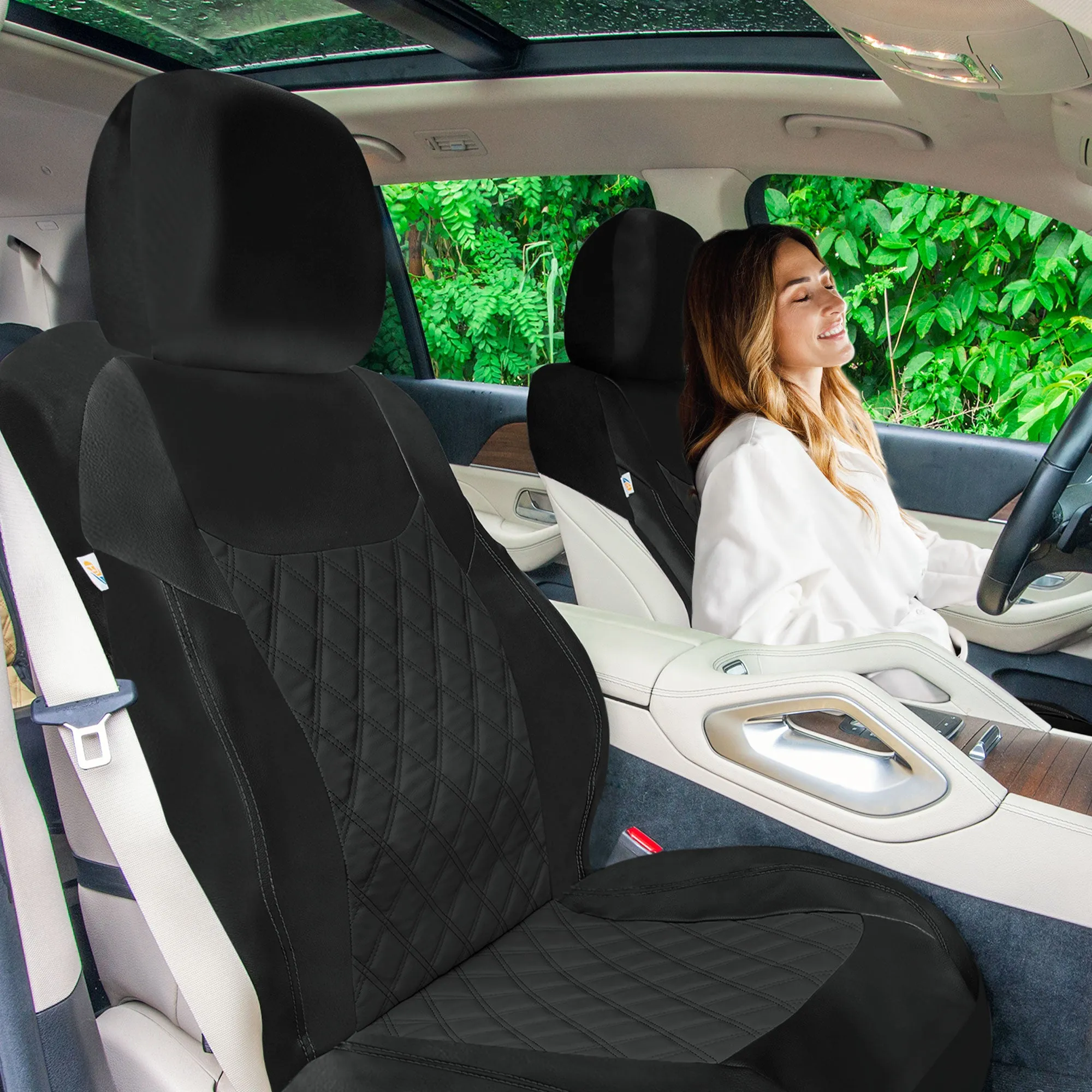 Ultra Modern Quilted Leatherette Seat Covers Full Set - Black