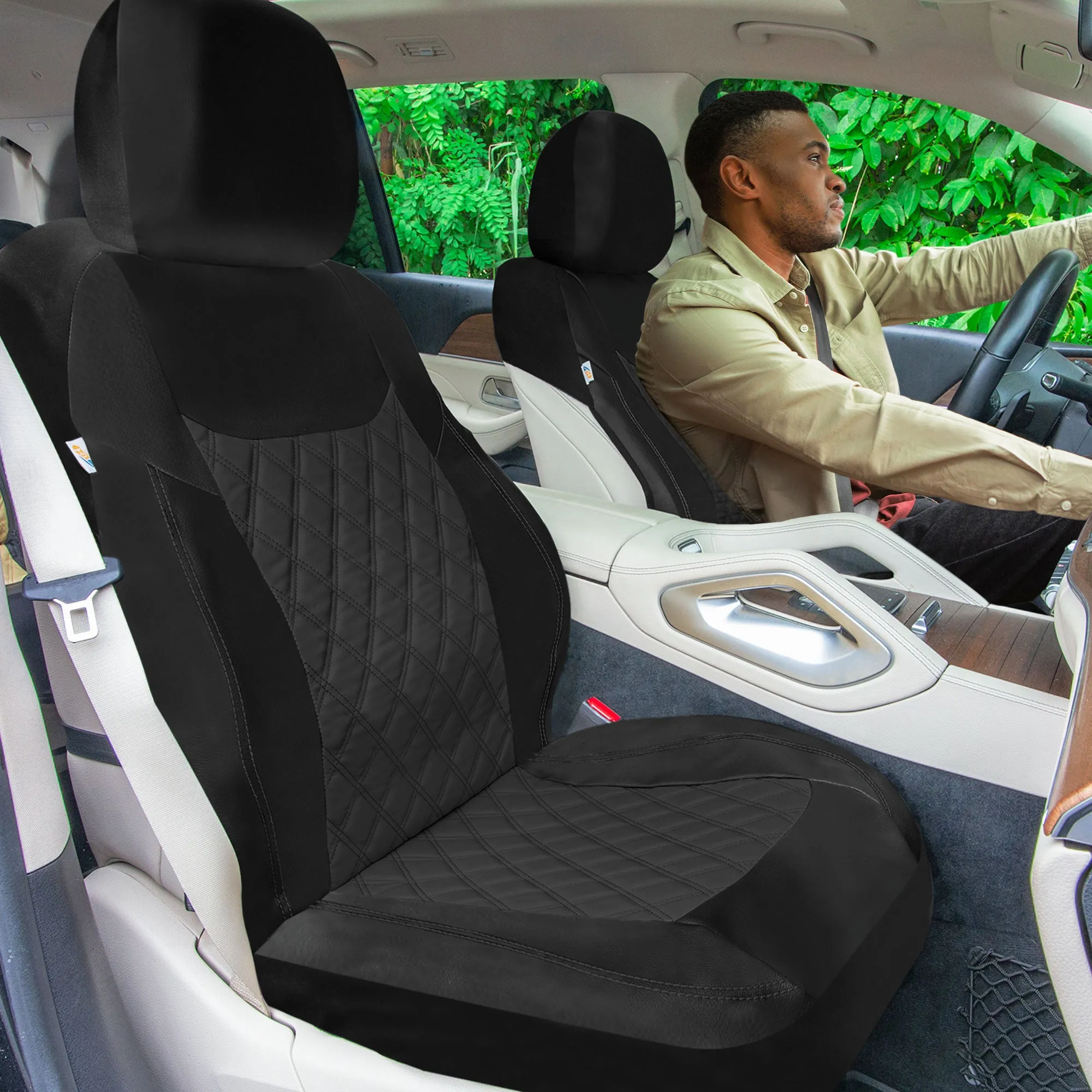 Ultra Modern Quilted Leatherette Seat Covers Full Set - Black